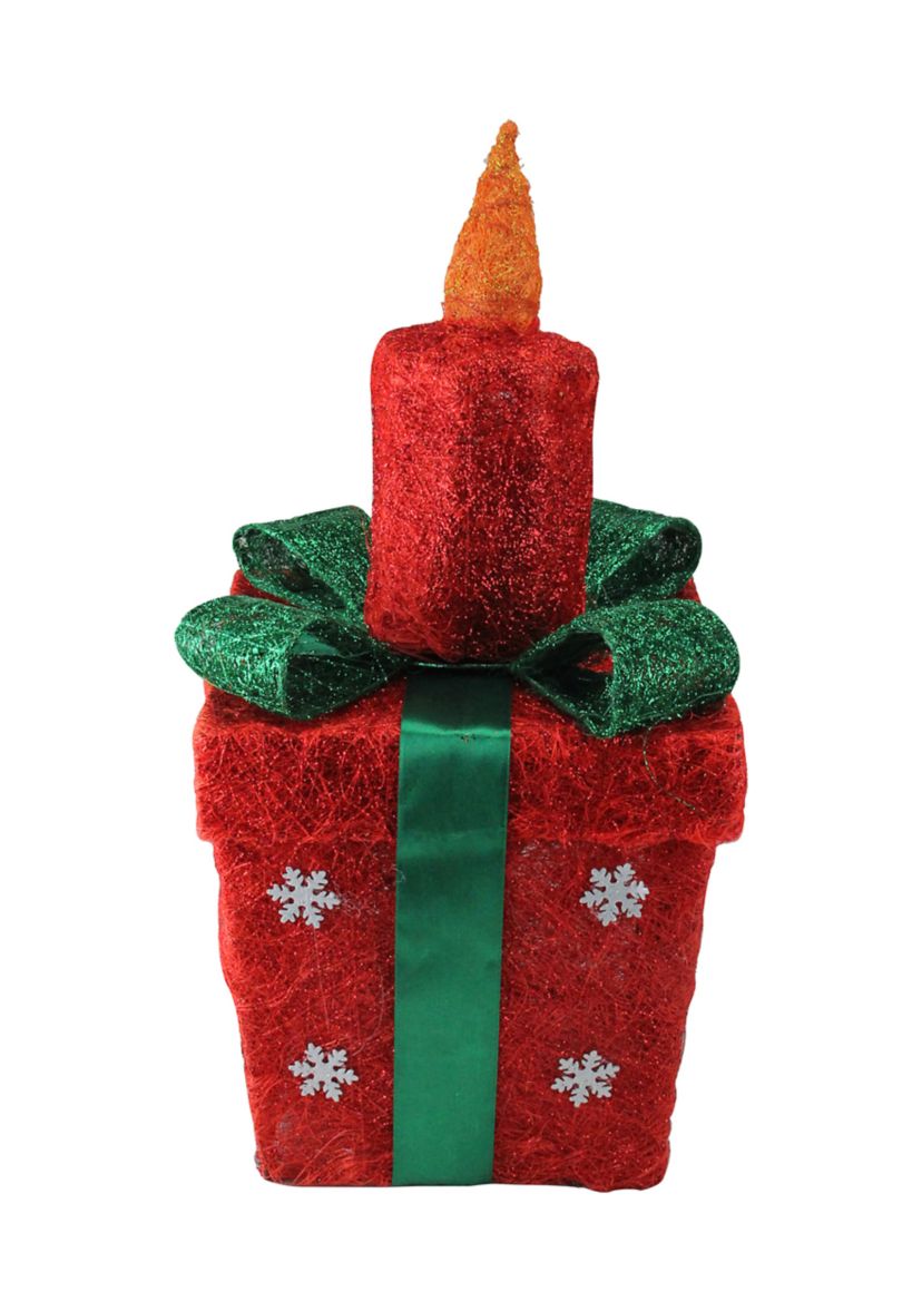 20Inch Red and Green Lighted Sisal Gift Box with Candle Christmas Outdoor Decoration