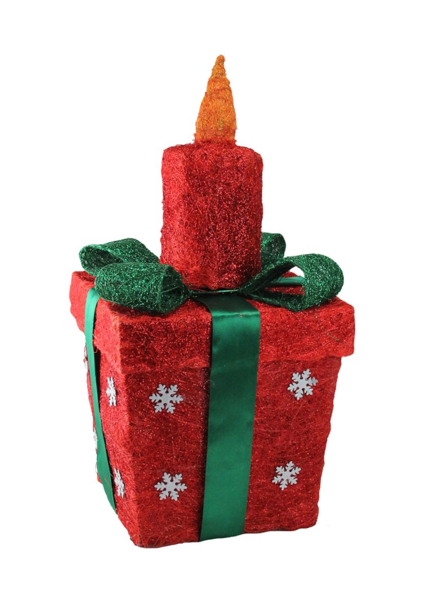 20Inch Red and Green Lighted Sisal Gift Box with Candle Christmas Outdoor Decoration