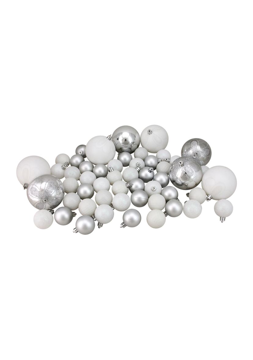125ct Winter White and Silver Shatterproof 4-Finish Christmas Ornaments 5.5Inch (140mm)