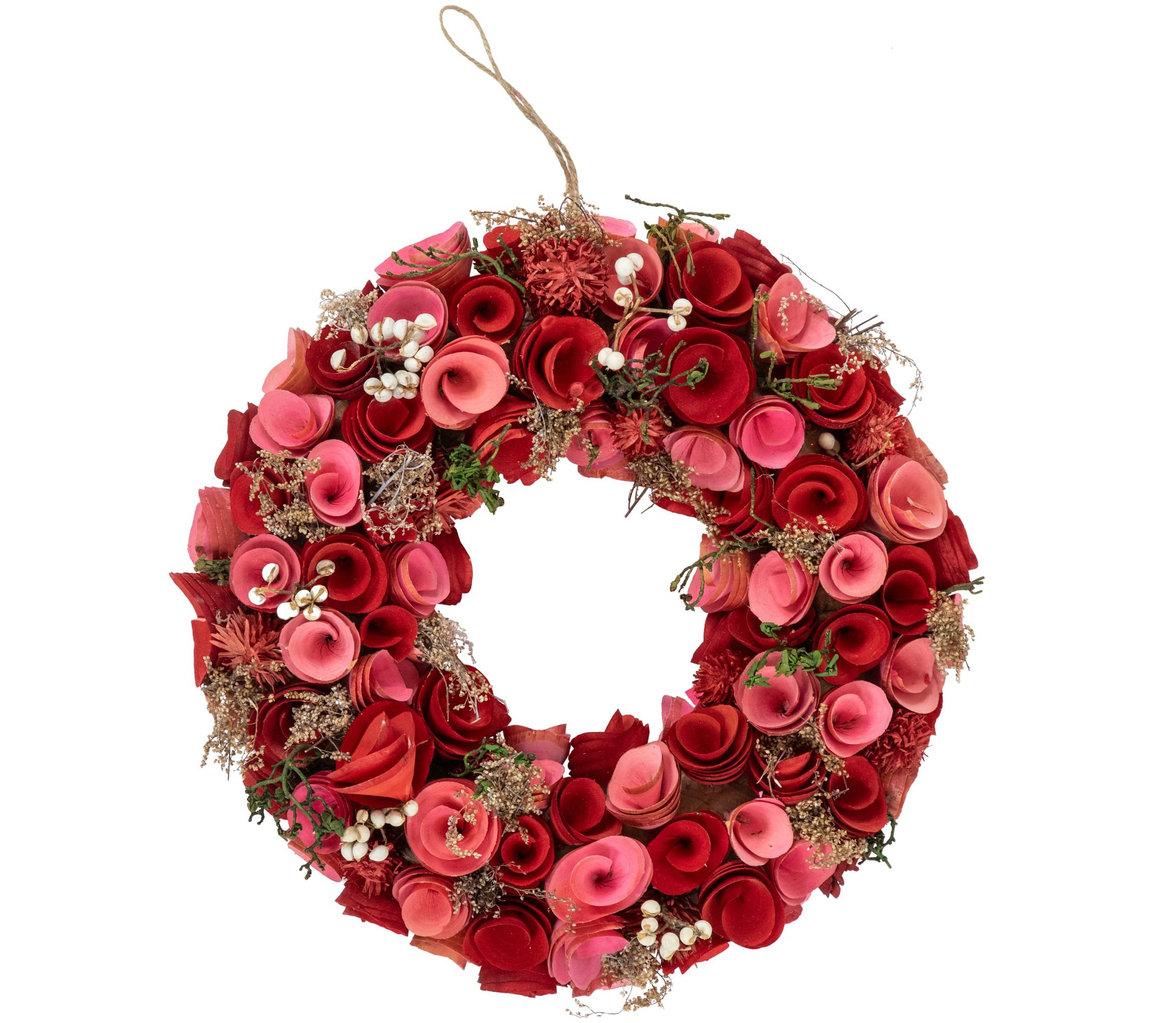 Wooden Roses Artificial Valentines Day Wreath - 12.25" - Pink and Red