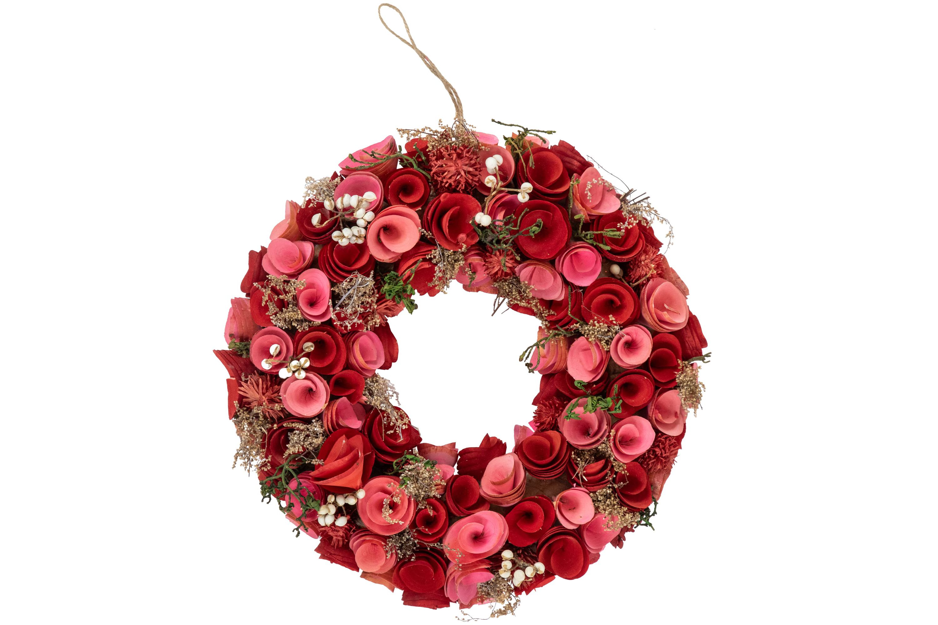 Wooden Roses Artificial Valentines Day Wreath - 12.25" - Pink and Red