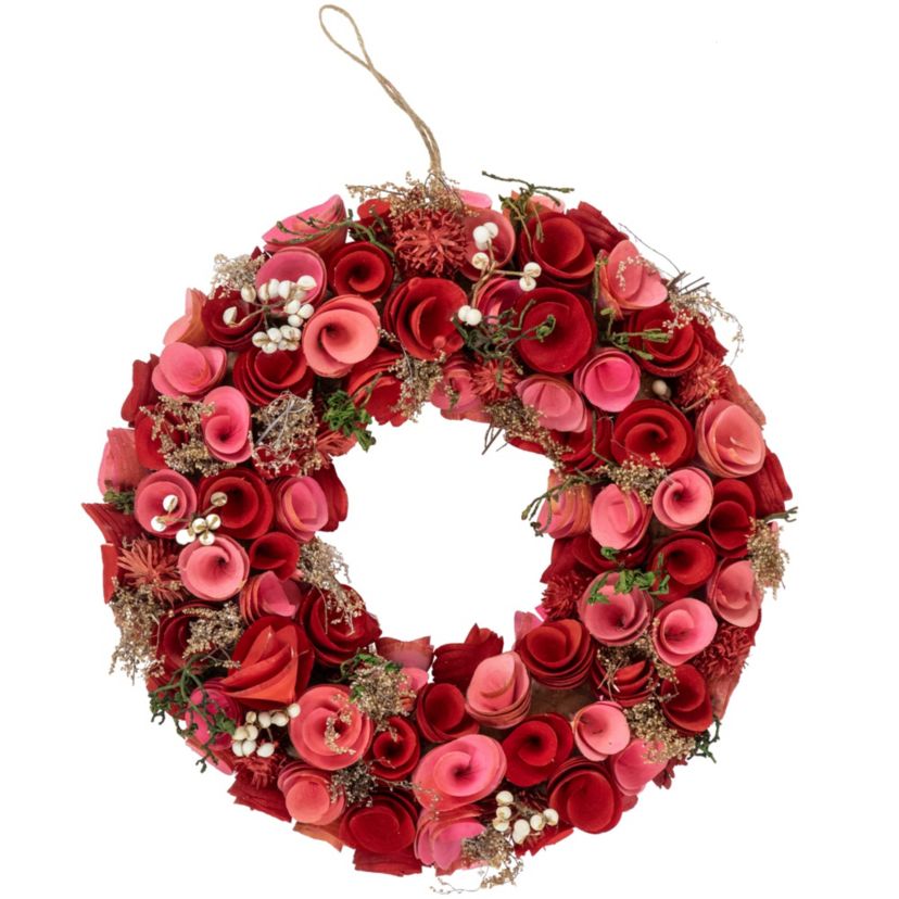 Wooden Roses Artificial Valentines Day Wreath - 12.25" - Pink and Red