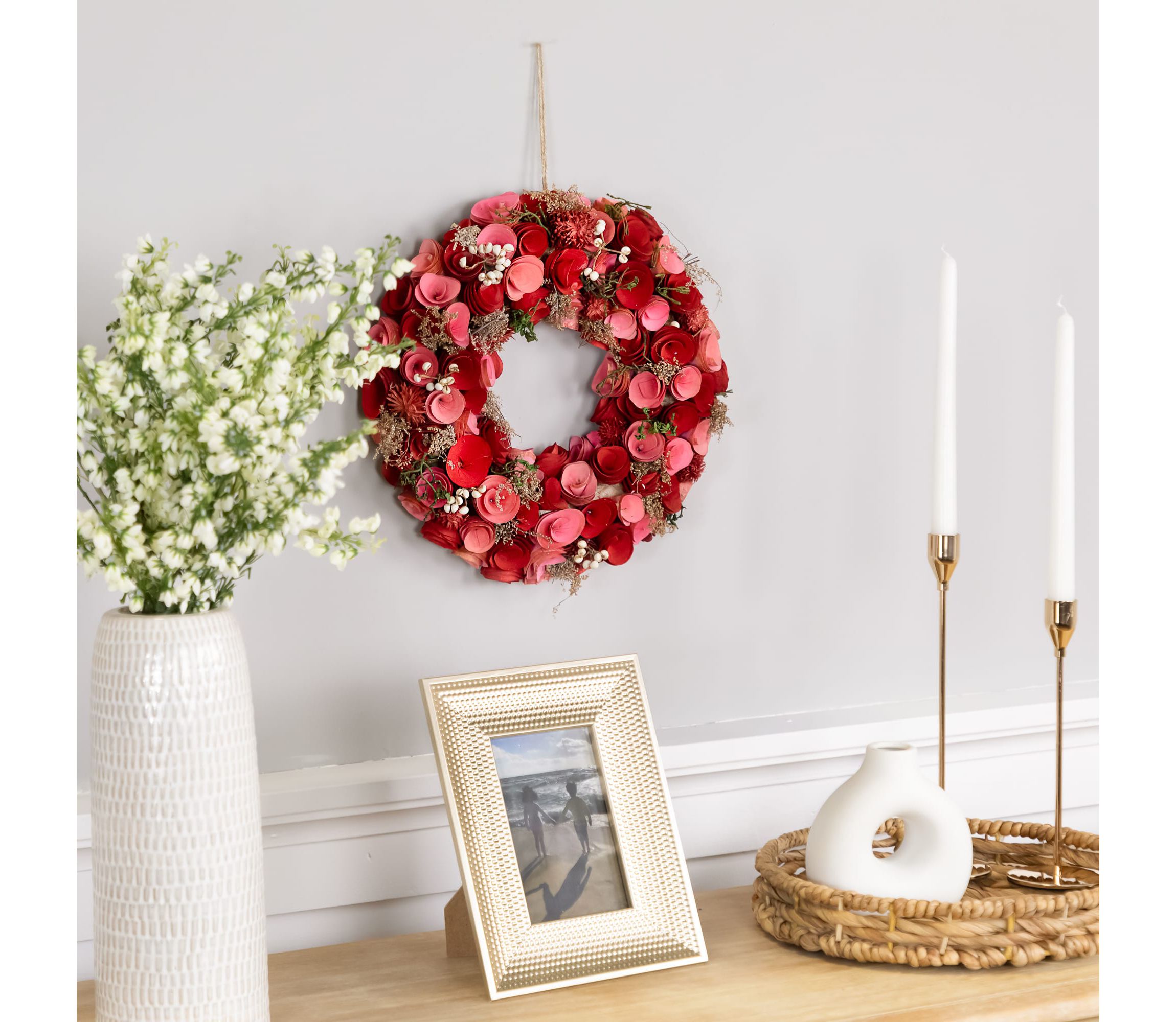 Wooden Roses Artificial Valentines Day Wreath - 12.25" - Pink and Red