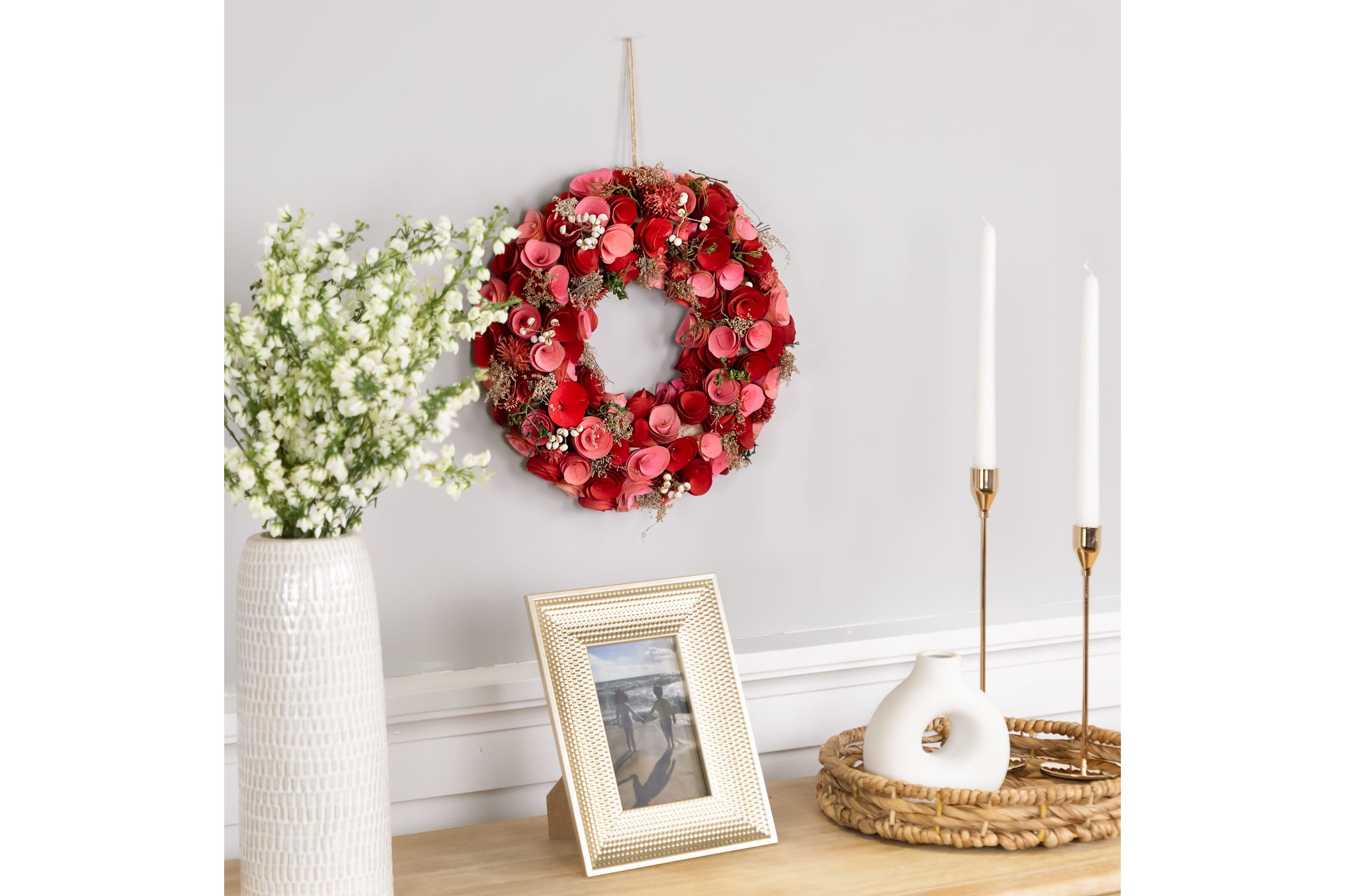 Wooden Roses Artificial Valentines Day Wreath - 12.25" - Pink and Red