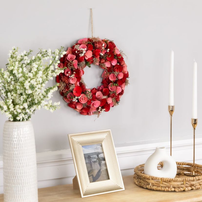 Wooden Roses Artificial Valentines Day Wreath - 12.25" - Pink and Red