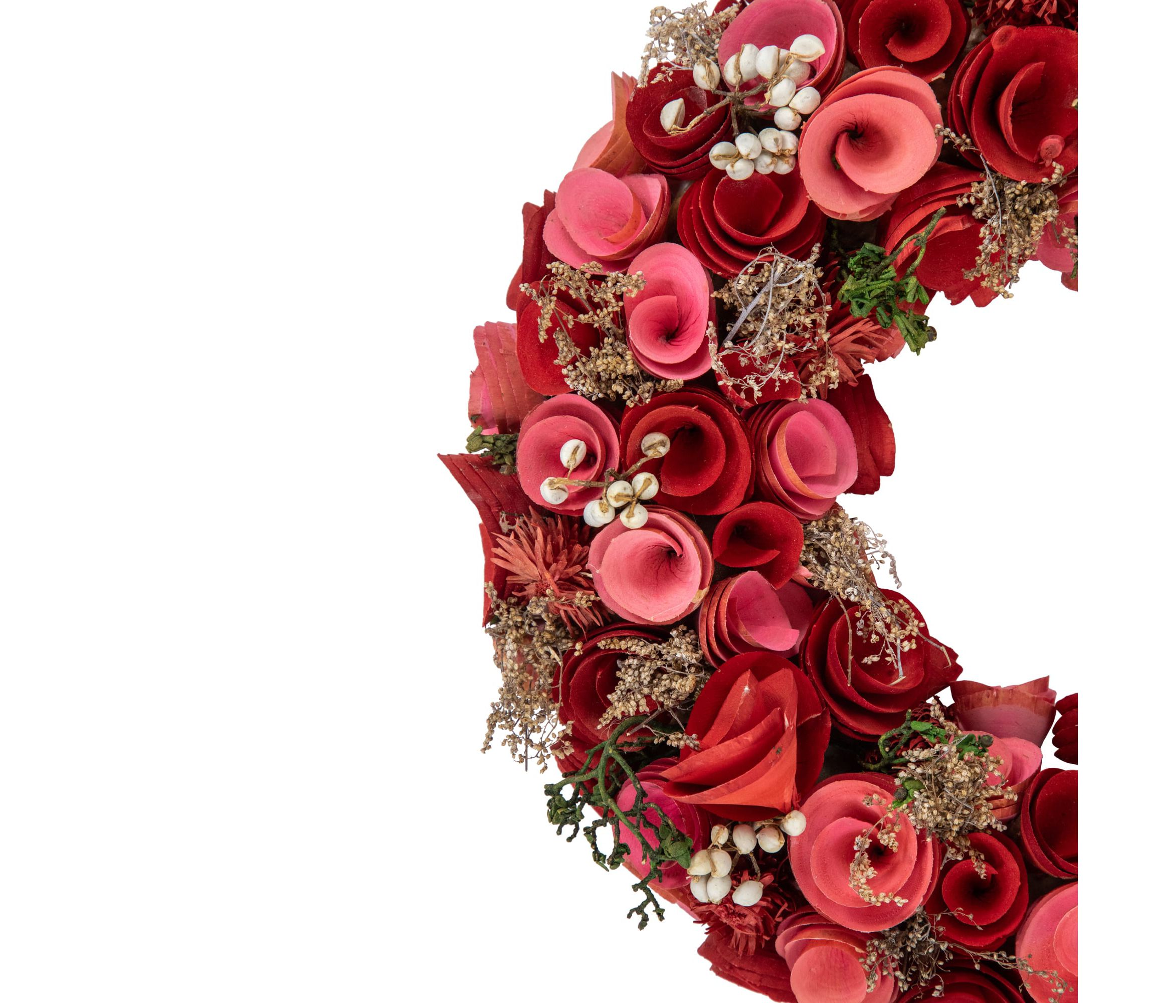 Wooden Roses Artificial Valentines Day Wreath - 12.25" - Pink and Red