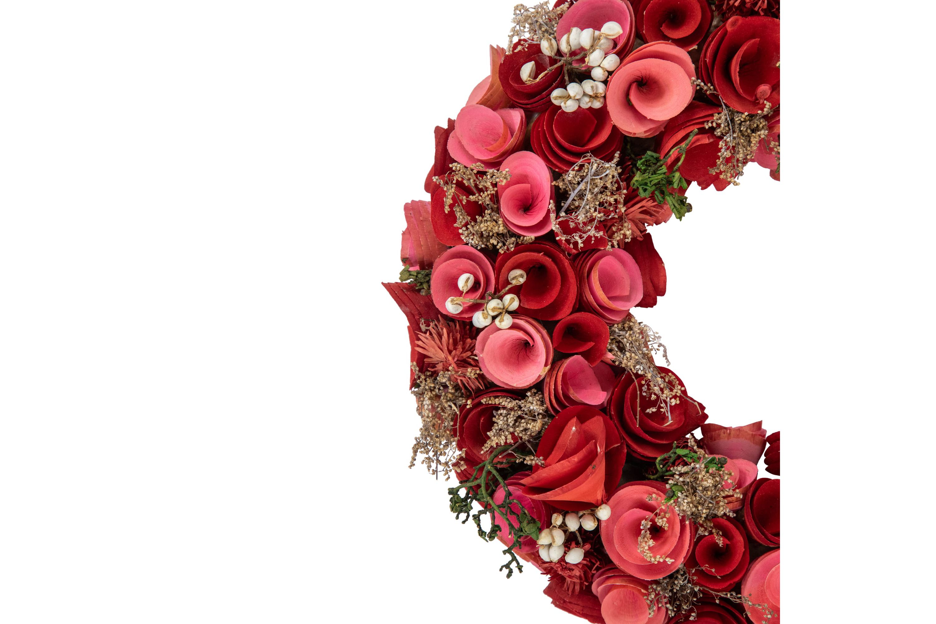 Wooden Roses Artificial Valentines Day Wreath - 12.25" - Pink and Red
