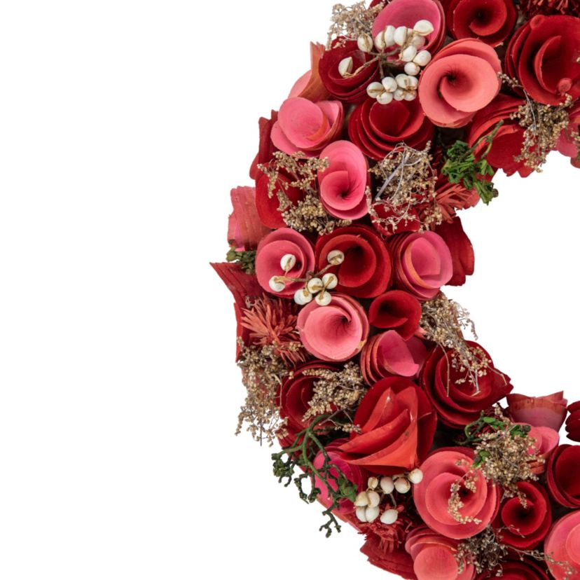Wooden Roses Artificial Valentines Day Wreath - 12.25" - Pink and Red