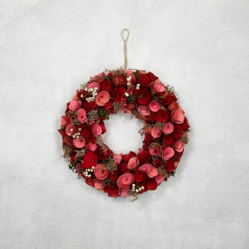 Wooden Roses Artificial Valentines Day Wreath - 12.25" - Pink and Red