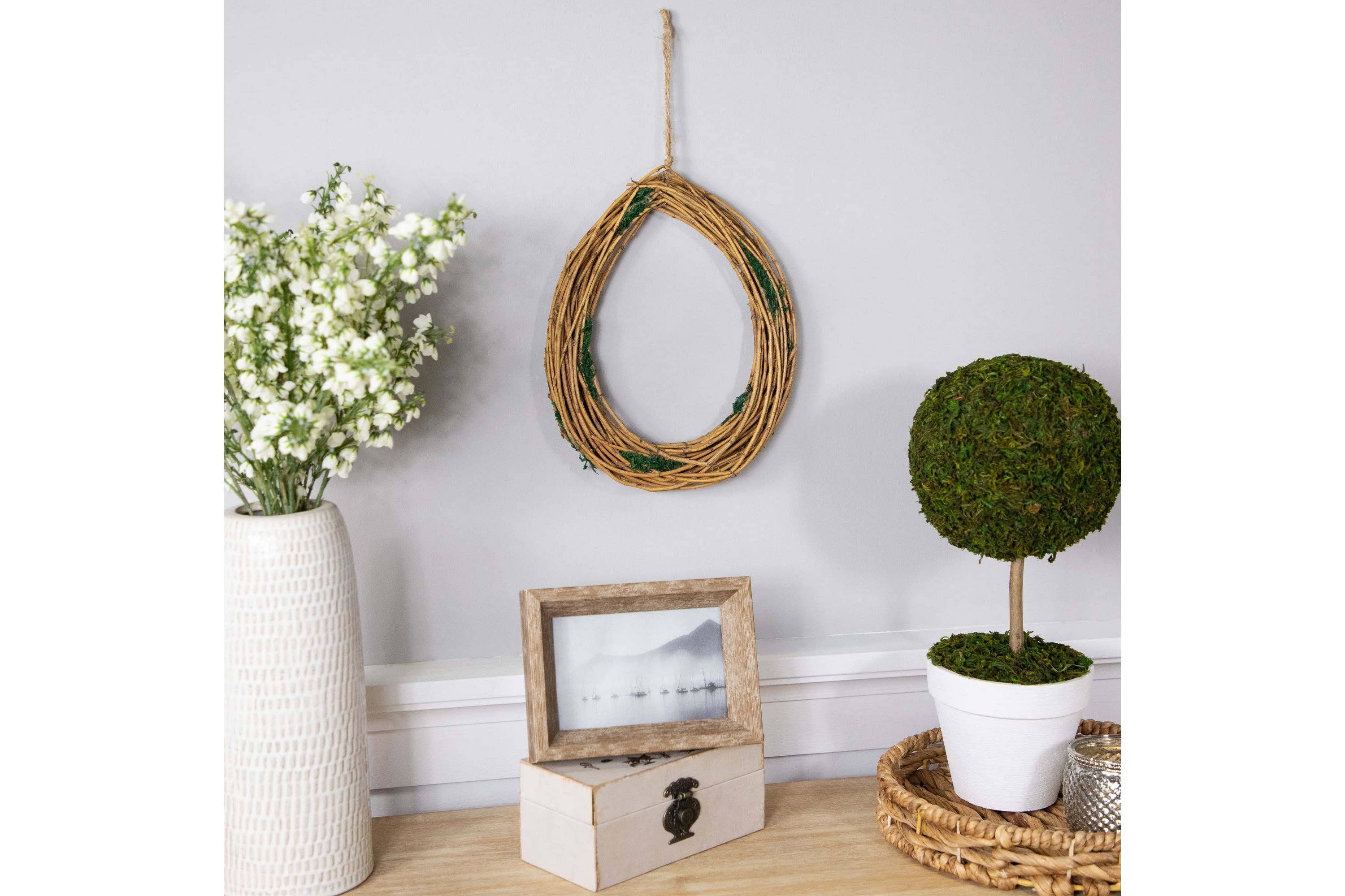Grapevine  Twig and Moss Egg-Shaped Artificial Spring Wreath  11-Inch