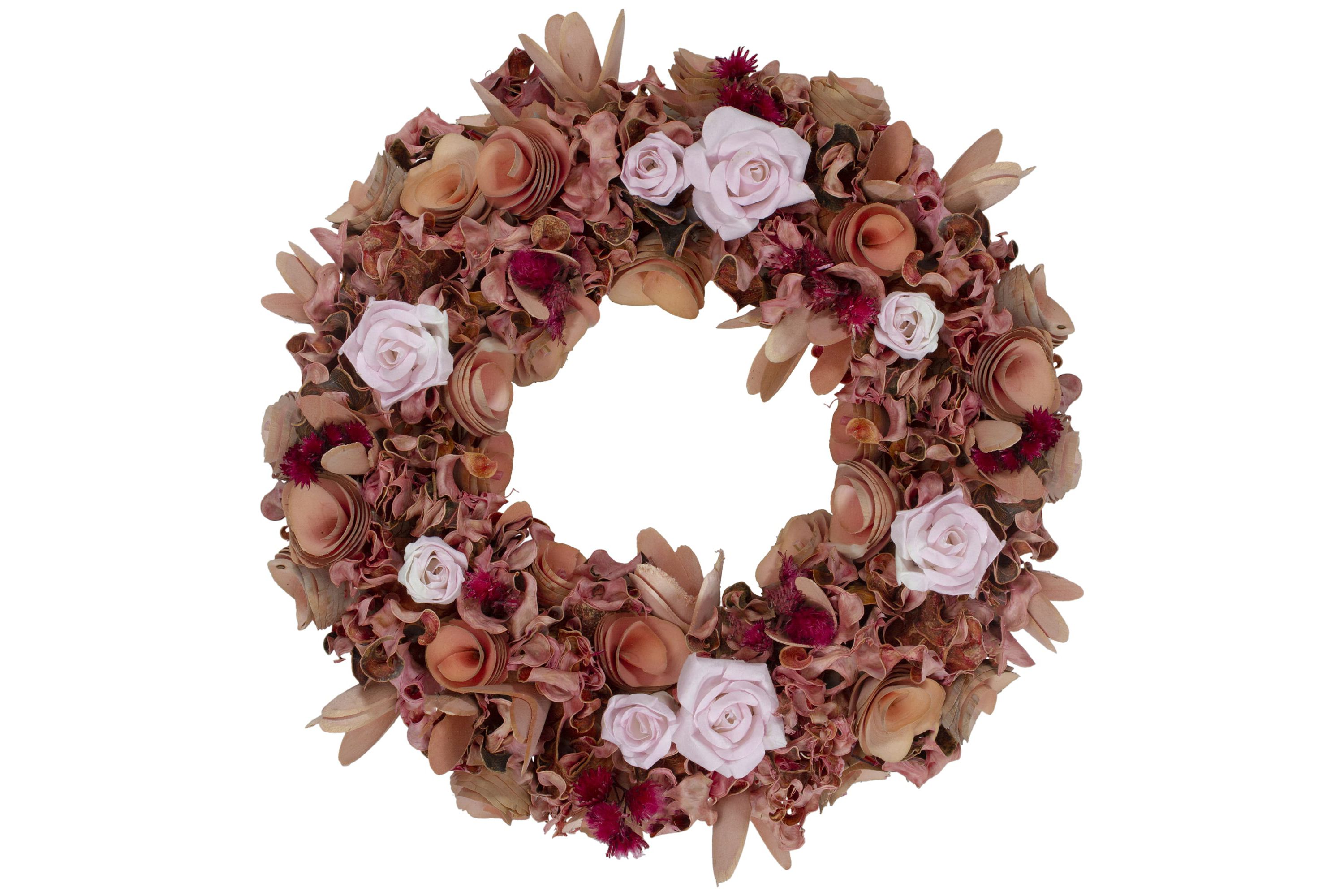 Roses and Wooden Flowers Artificial Spring Wreath - 12" - Unlit - Pink