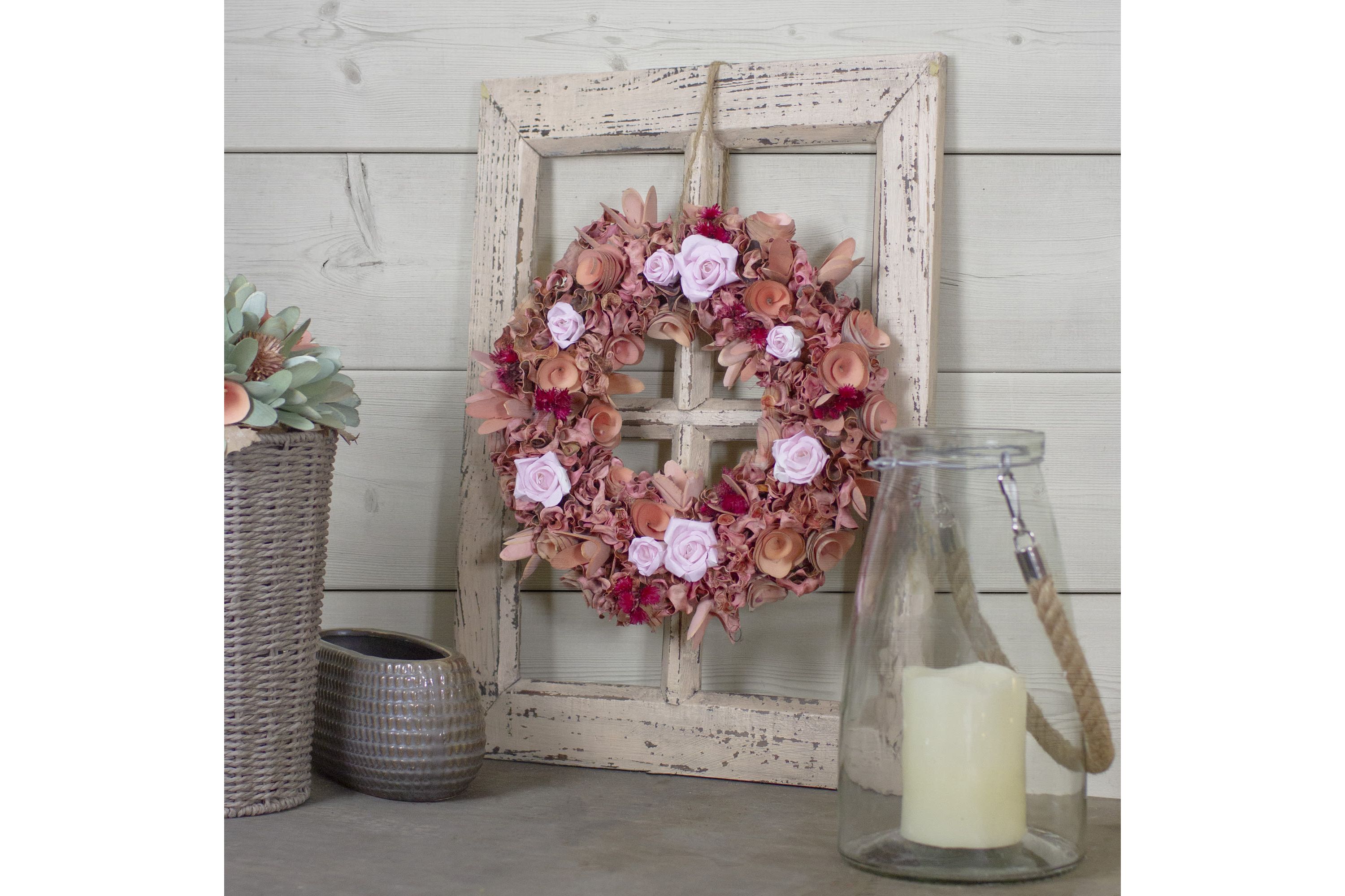 Roses and Wooden Flowers Artificial Spring Wreath - 12" - Unlit - Pink