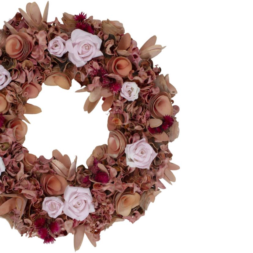 Roses and Wooden Flowers Artificial Spring Wreath - 12" - Unlit - Pink