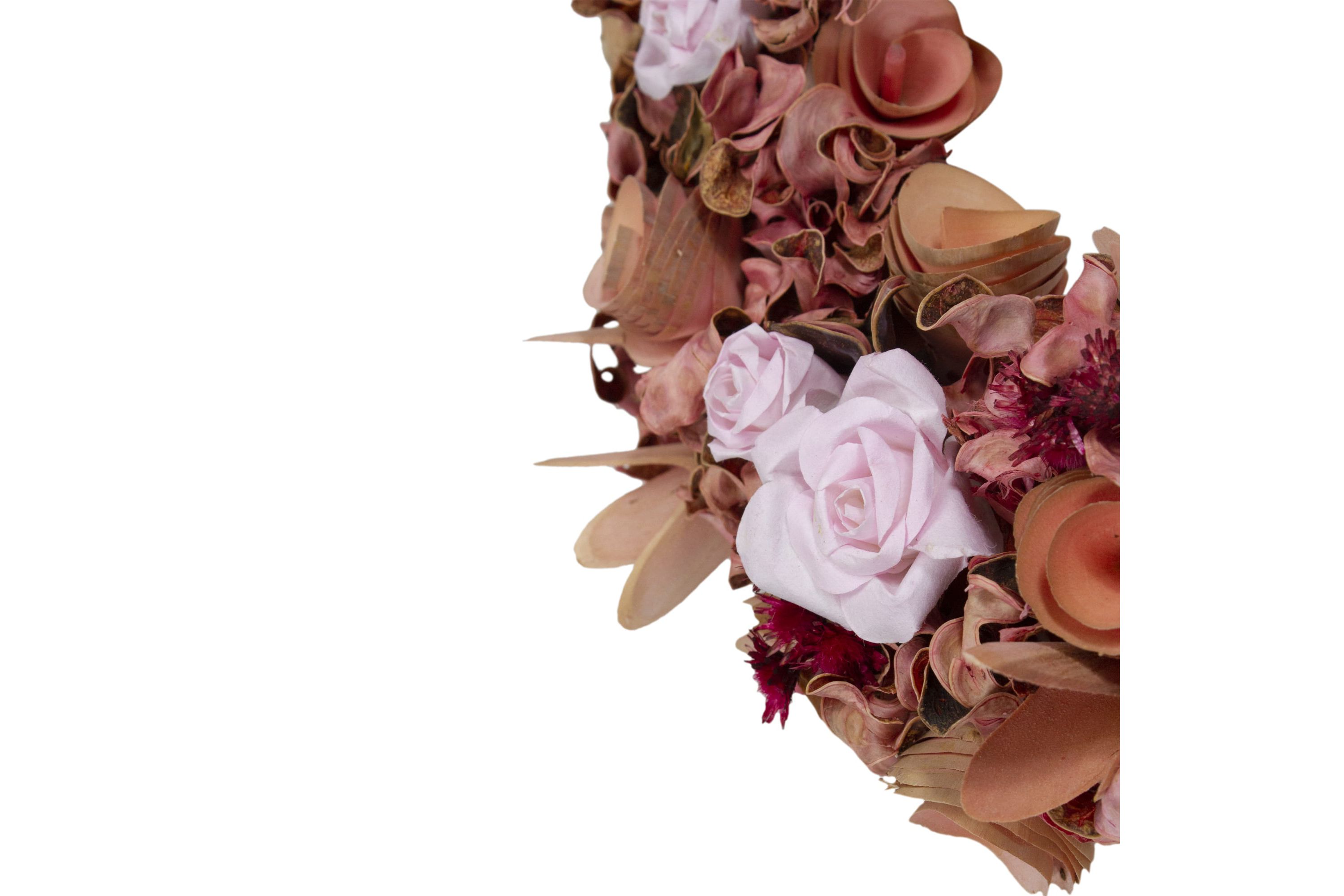 Roses and Wooden Flowers Artificial Spring Wreath - 12" - Unlit - Pink