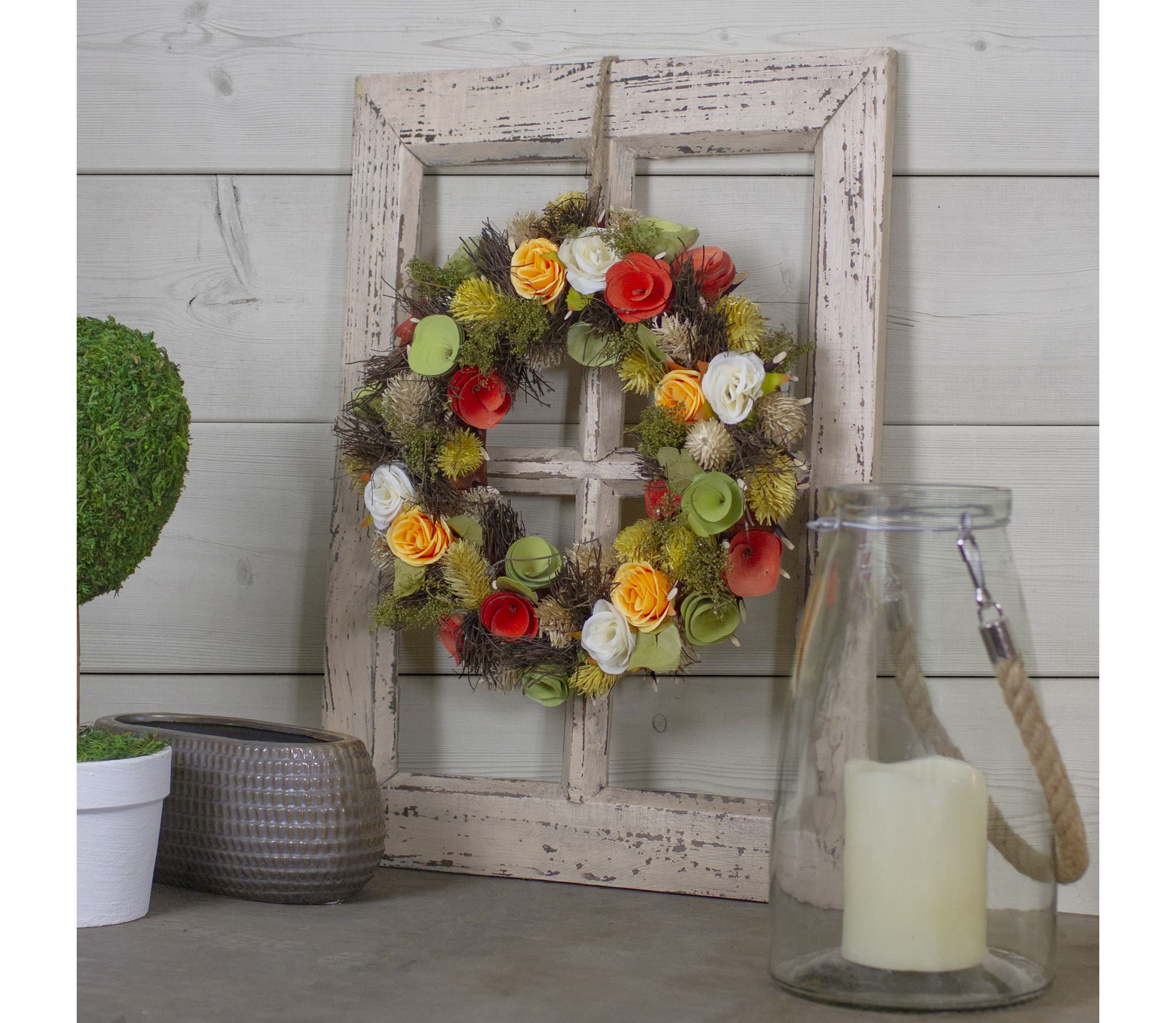 12" Orange and Yellow Flowers with Moss and Twig Artificial Floral Spring Wreath - Unlit