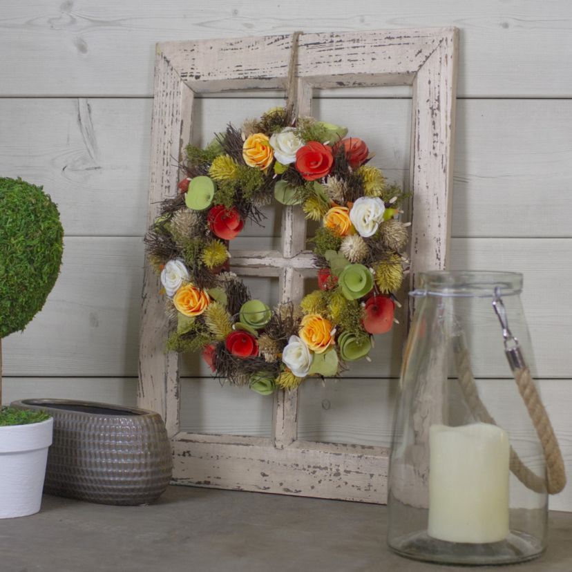 12" Orange and Yellow Flowers with Moss and Twig Artificial Floral Spring Wreath - Unlit