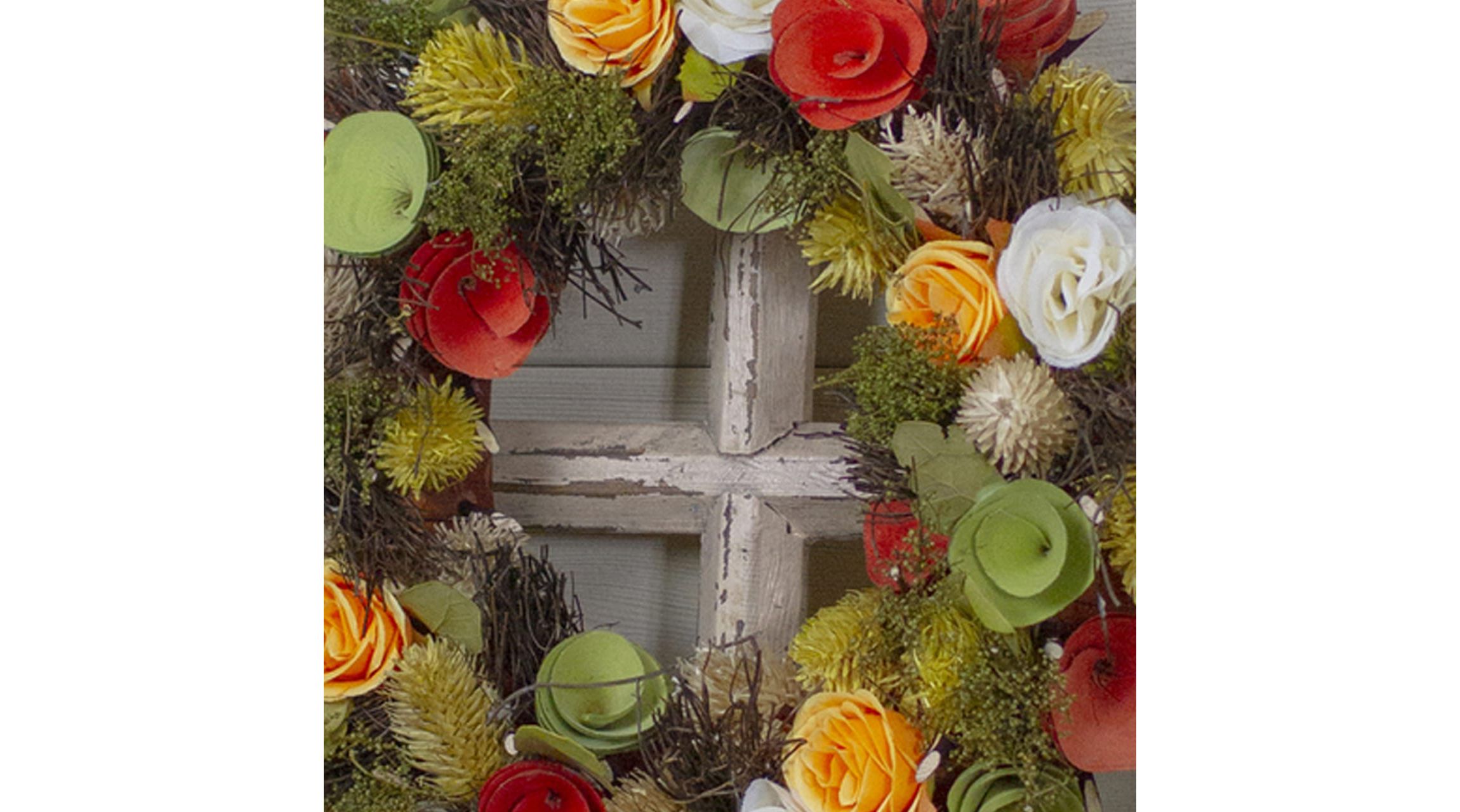 12" Orange and Yellow Flowers with Moss and Twig Artificial Floral Spring Wreath - Unlit