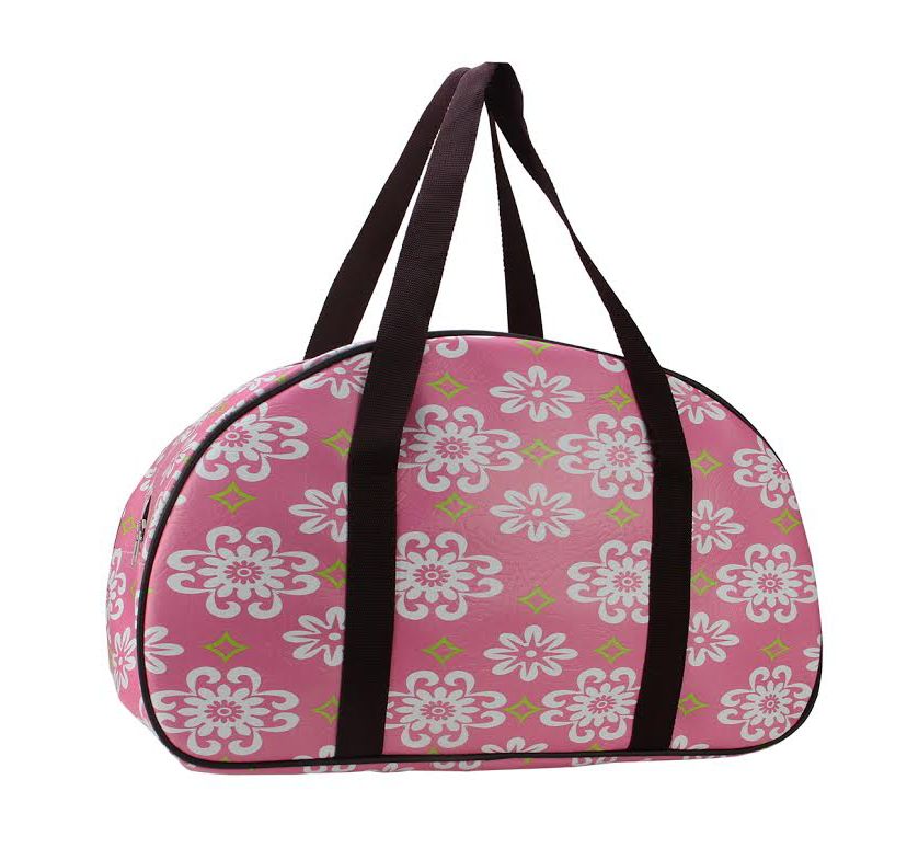20" Decorative Pink and White Flower Design Travel Bag/Purse with Brown Handles