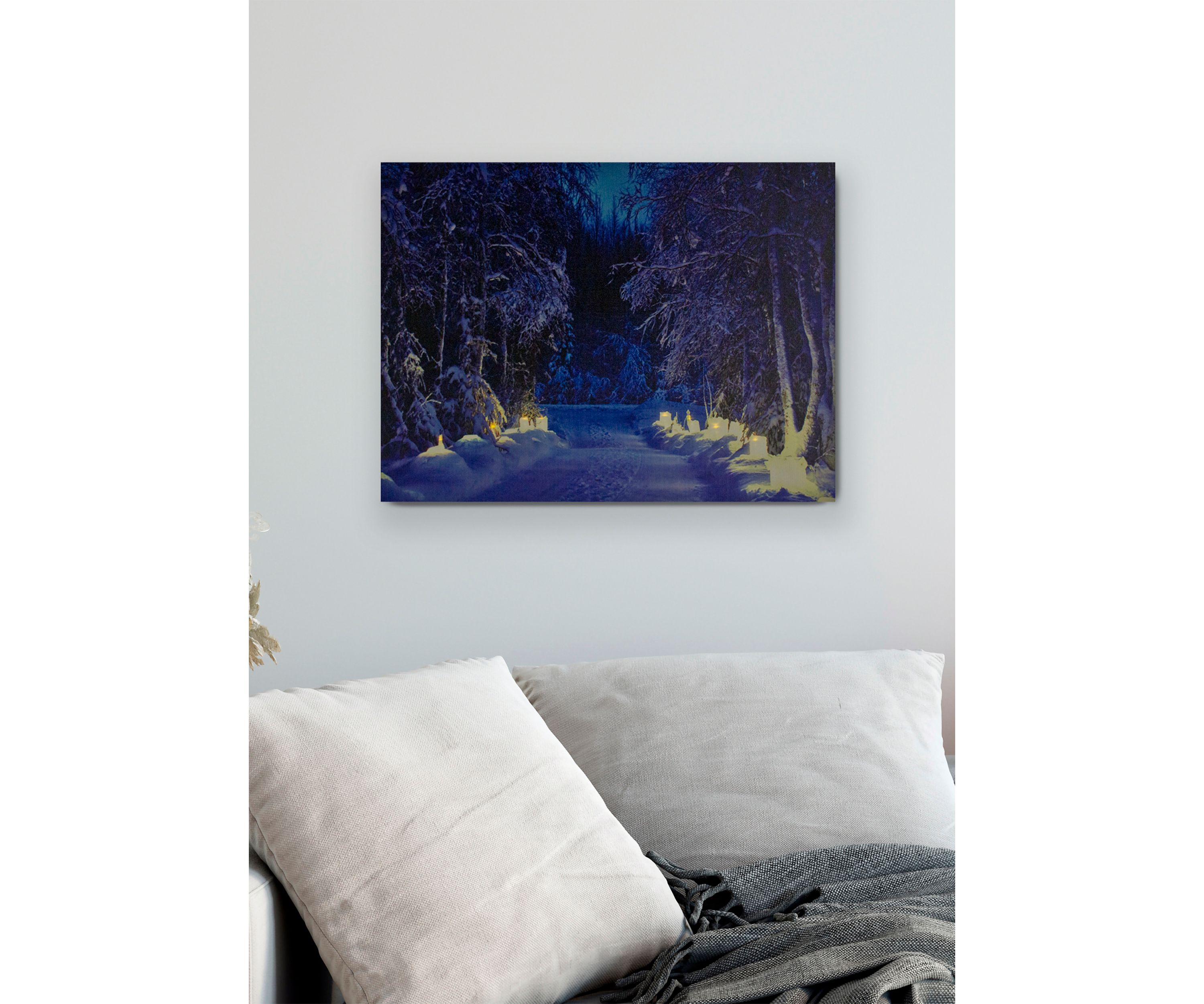 LED Lighted Nighttime in the Woods Winter Scene Canvas Wall Art 15.75Inch