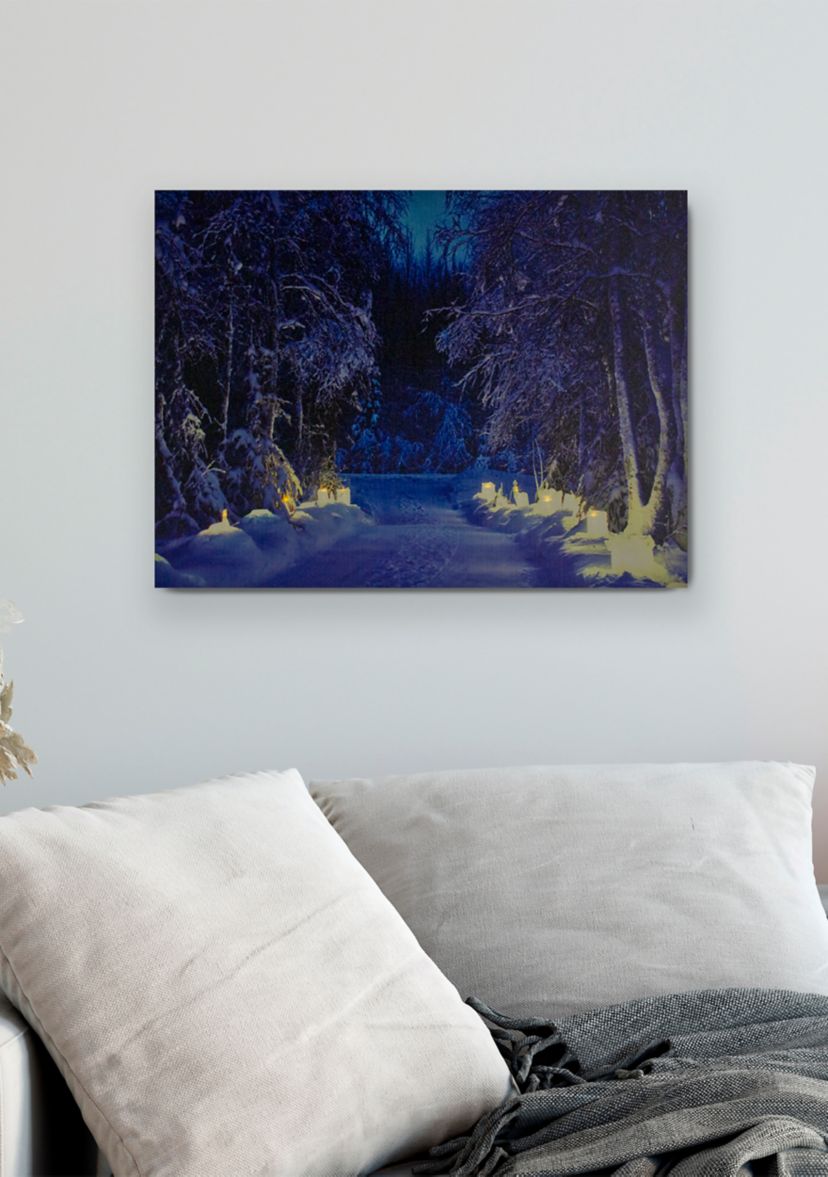 LED Lighted Nighttime in the Woods Winter Scene Canvas Wall Art 15.75Inch