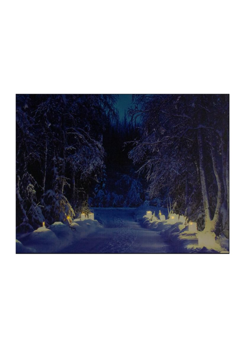 LED Lighted Nighttime in the Woods Winter Scene Canvas Wall Art 15.75Inch