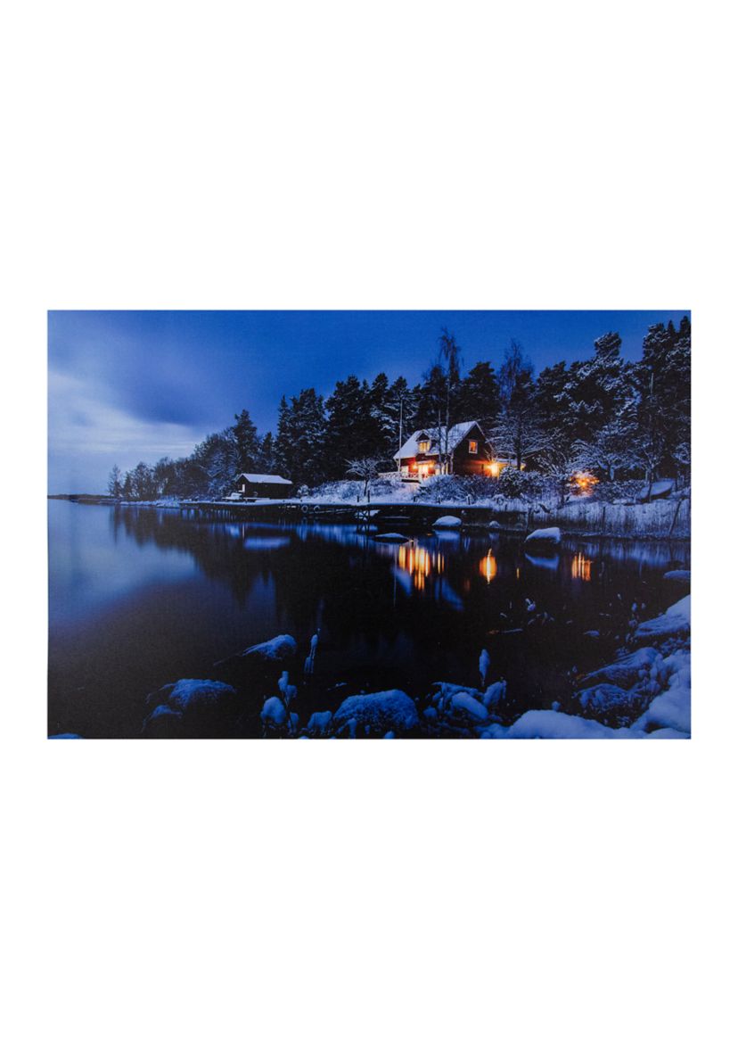 23.75Inch LED Lighted Rustic Lodge Cabin on the Lake Canvas Wall Art