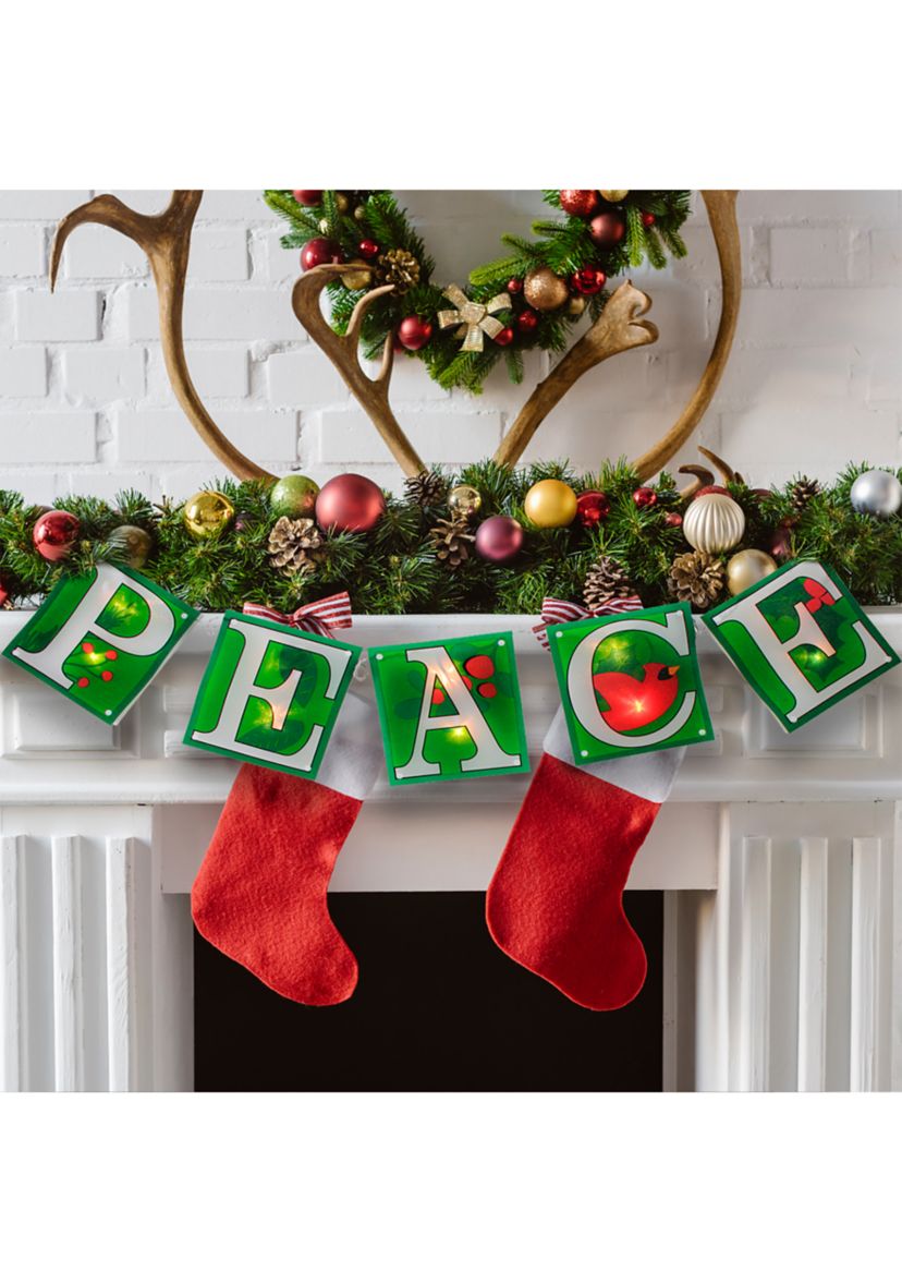 10-Count Green and Red Shimmering InchPEACEInch Lighted Mini Christmas Garland  4.5ft White Wire