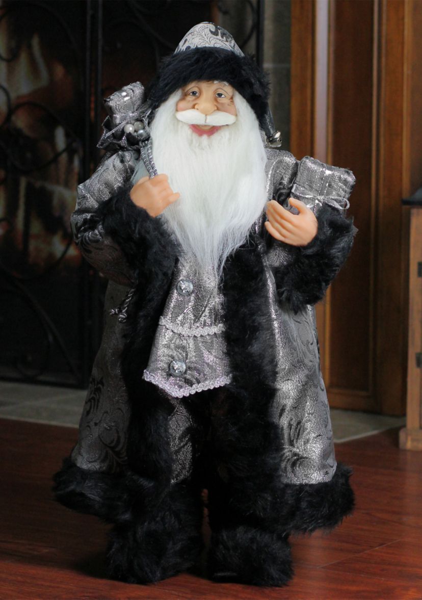 24Inch Standing Santa Claus in Silver and Black with Gifts Christmas Figure
