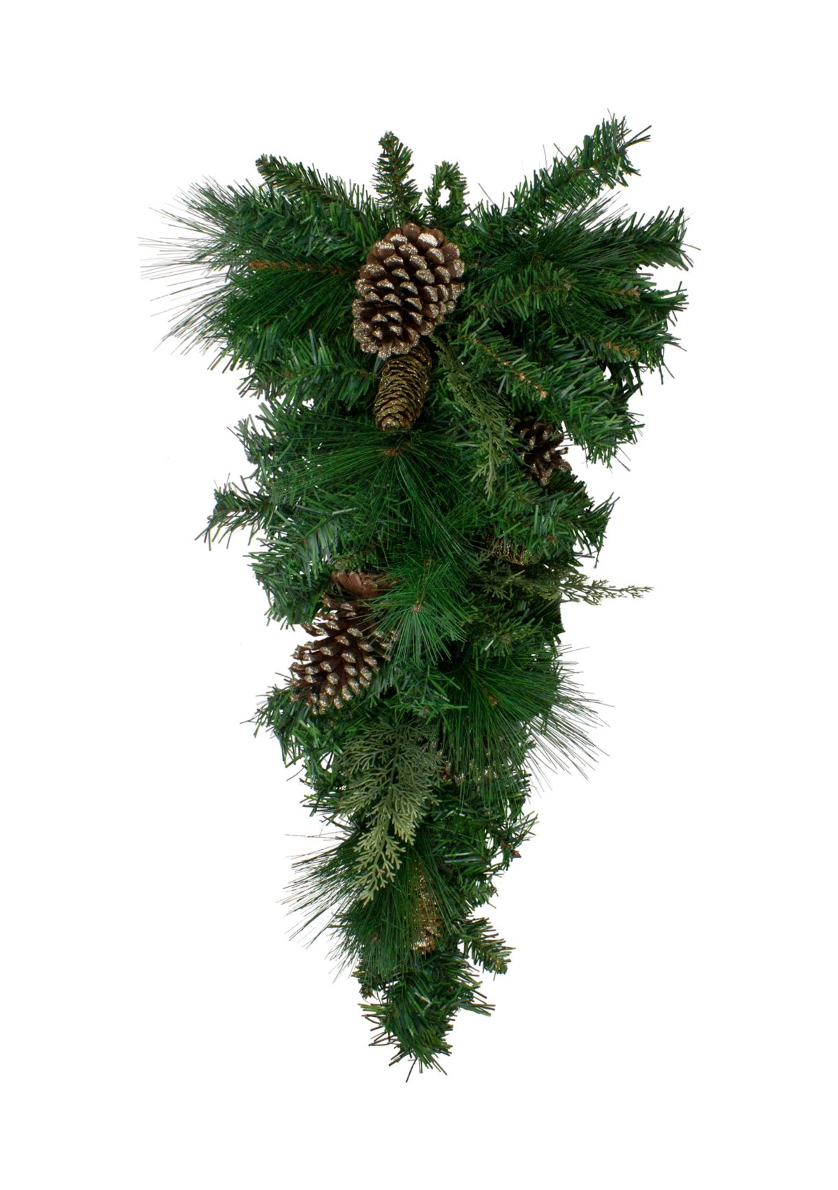 28Inch Artificial Mixed Pine with Pine Cones and Gold Glitter Christmas Teardrop Swag - Unlit