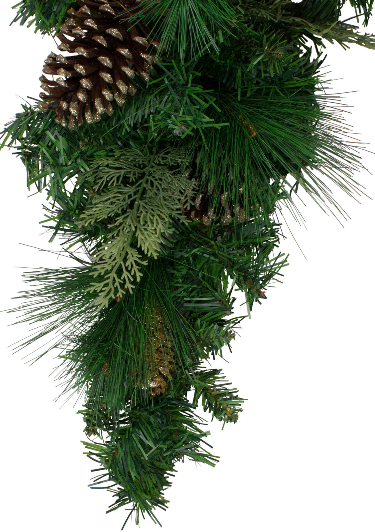 28Inch Artificial Mixed Pine with Pine Cones and Gold Glitter Christmas Teardrop Swag - Unlit
