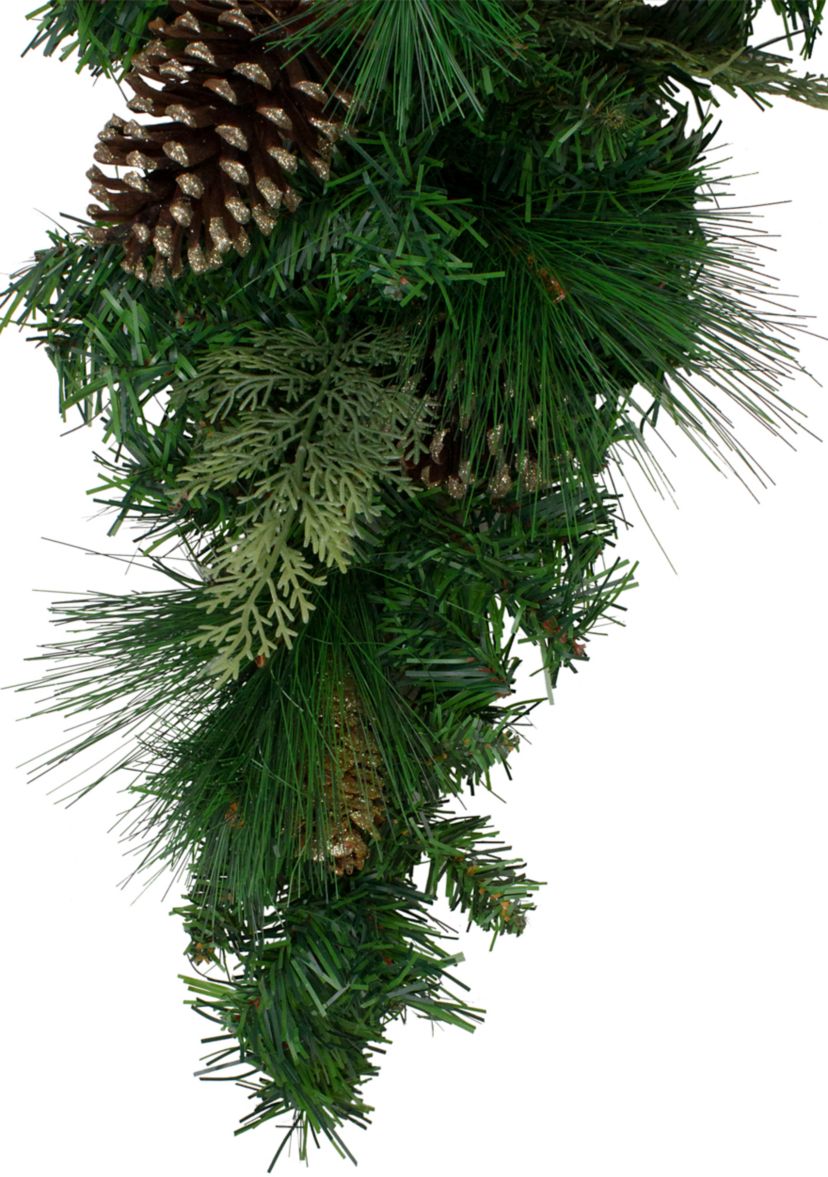 28Inch Artificial Mixed Pine with Pine Cones and Gold Glitter Christmas Teardrop Swag - Unlit