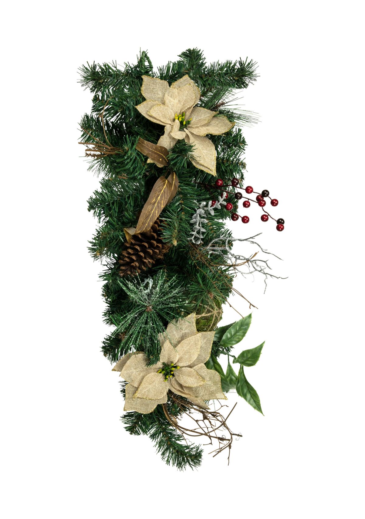 28 Inch Mixed Pine Berry and Poinsettia Artificial Christmas Teardrop Swag - Unlit