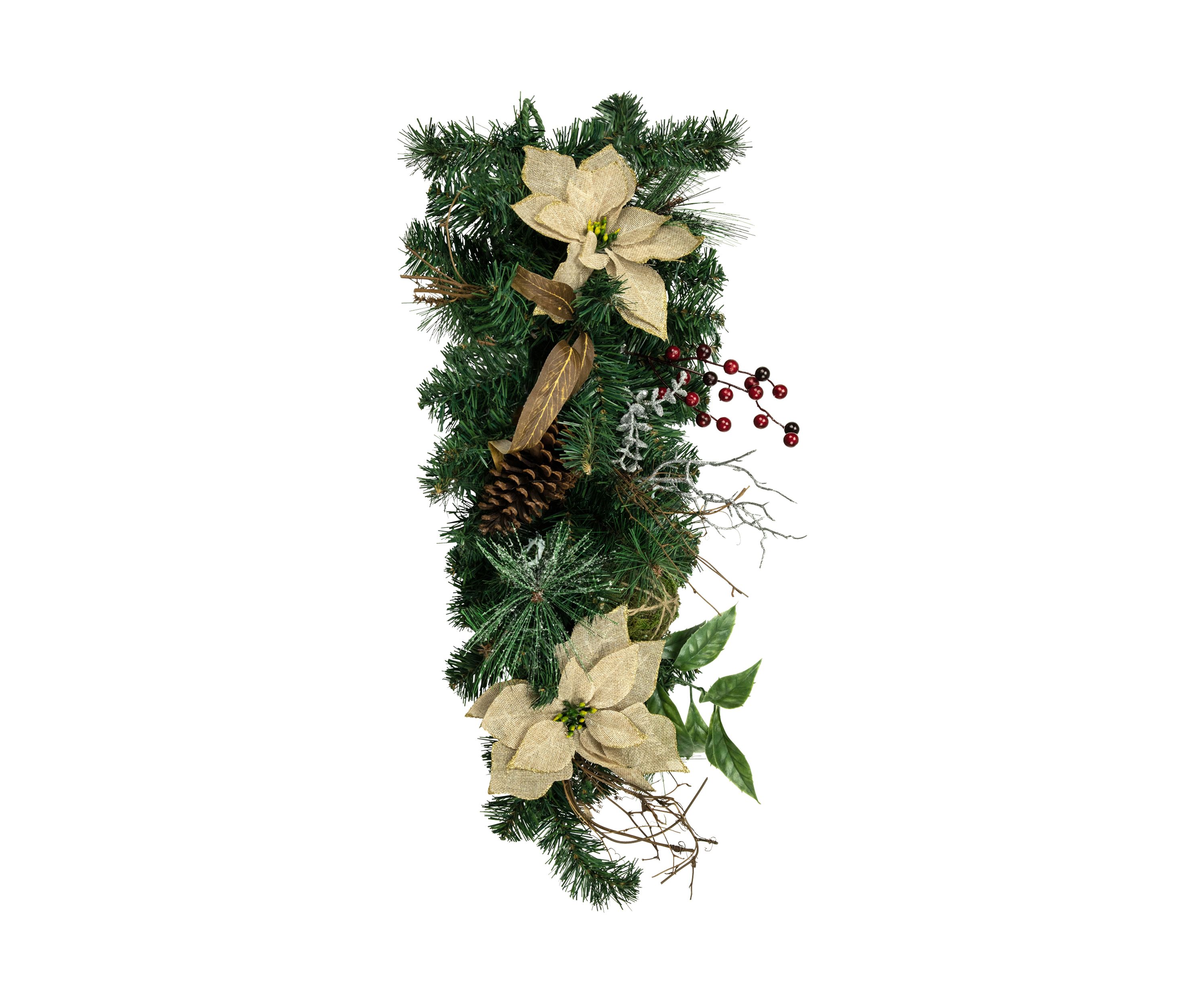 28 Inch Mixed Pine Berry and Poinsettia Artificial Christmas Teardrop Swag - Unlit