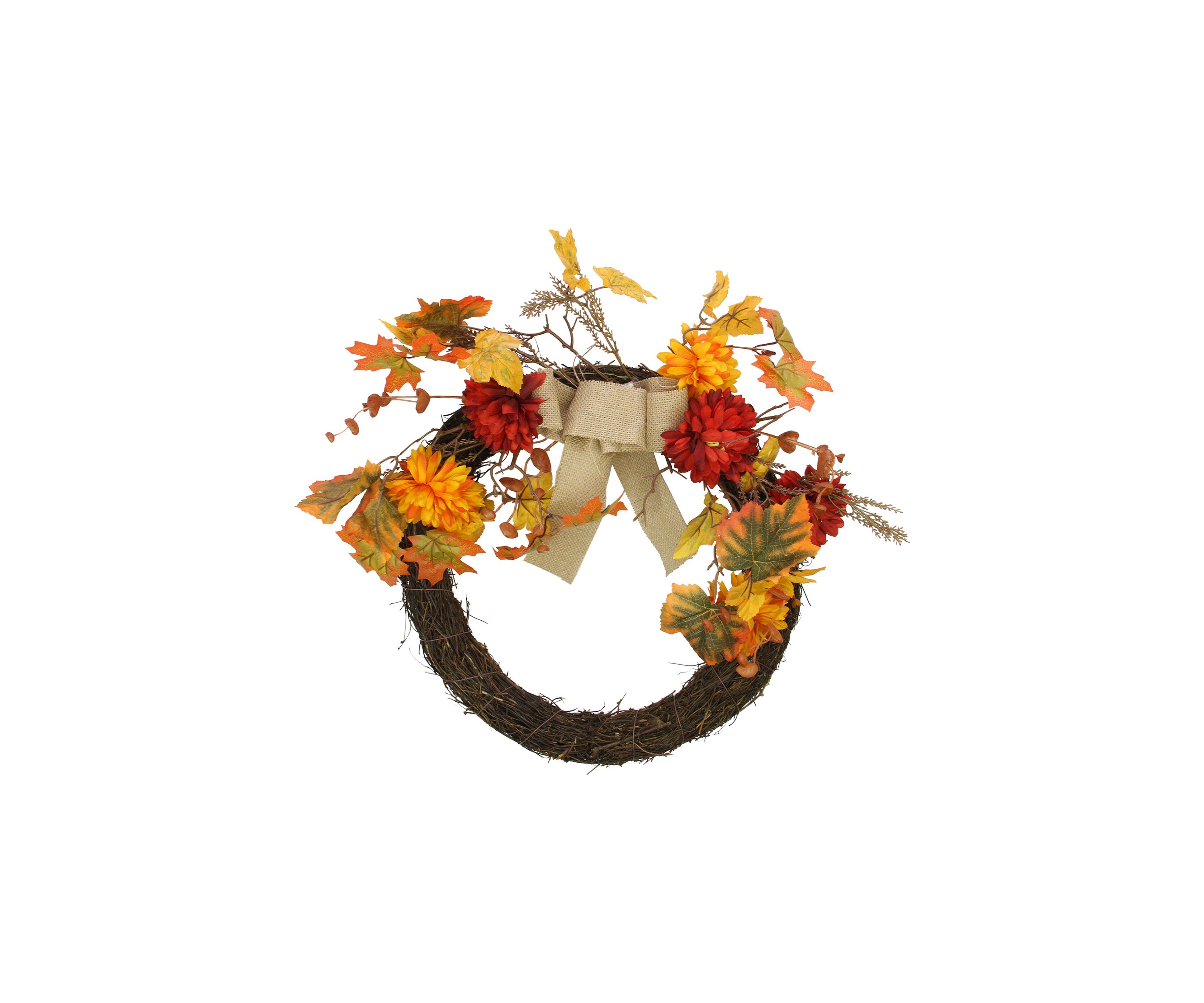 Fall Leaf with Mum Flower Artificial Thanksgiving Twig Wreath  Orange 20- inch
