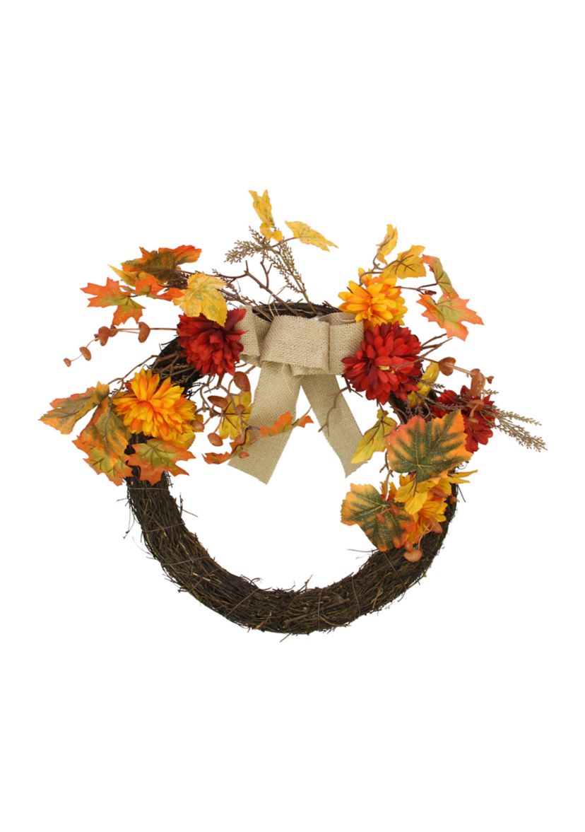 Fall Leaf with Mum Flower Artificial Thanksgiving Twig Wreath  Orange 20- inch