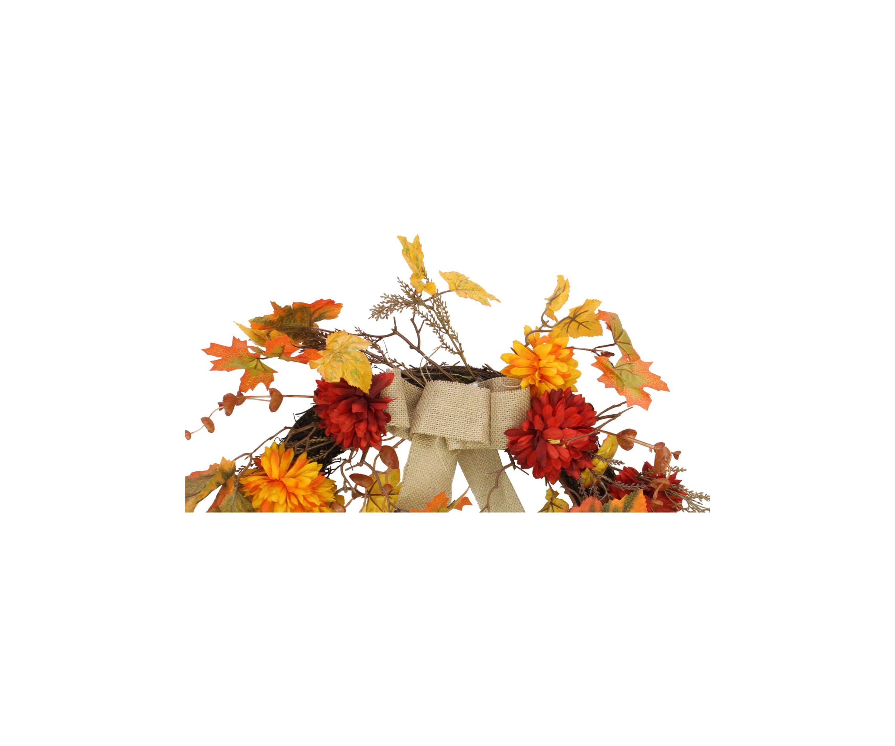 Fall Leaf with Mum Flower Artificial Thanksgiving Twig Wreath  Orange 20- inch