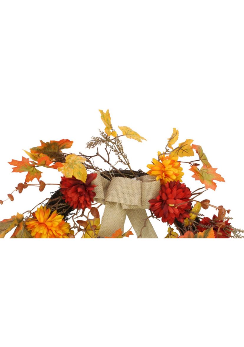 Fall Leaf with Mum Flower Artificial Thanksgiving Twig Wreath  Orange 20- inch