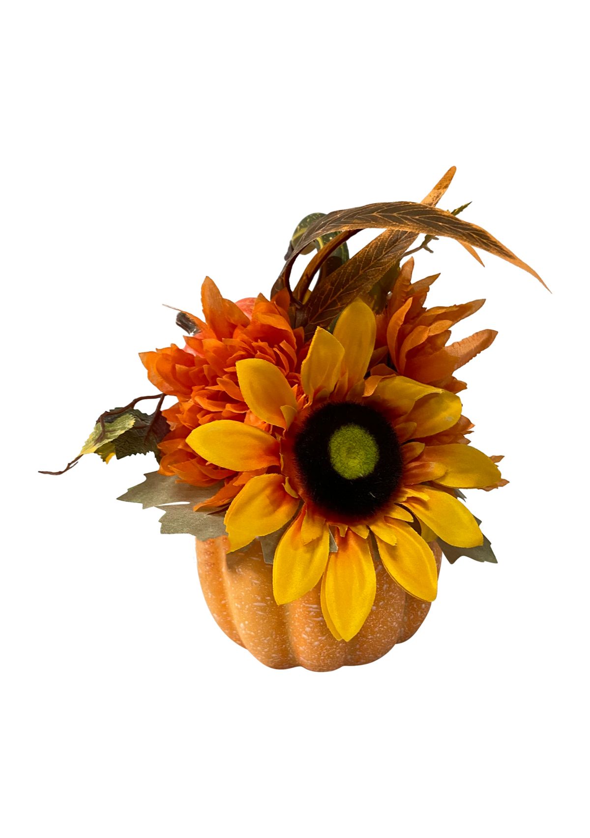 14.75 inch Yellow Sunflower and Mum Filled Pumpkin Thanksgiving Decor