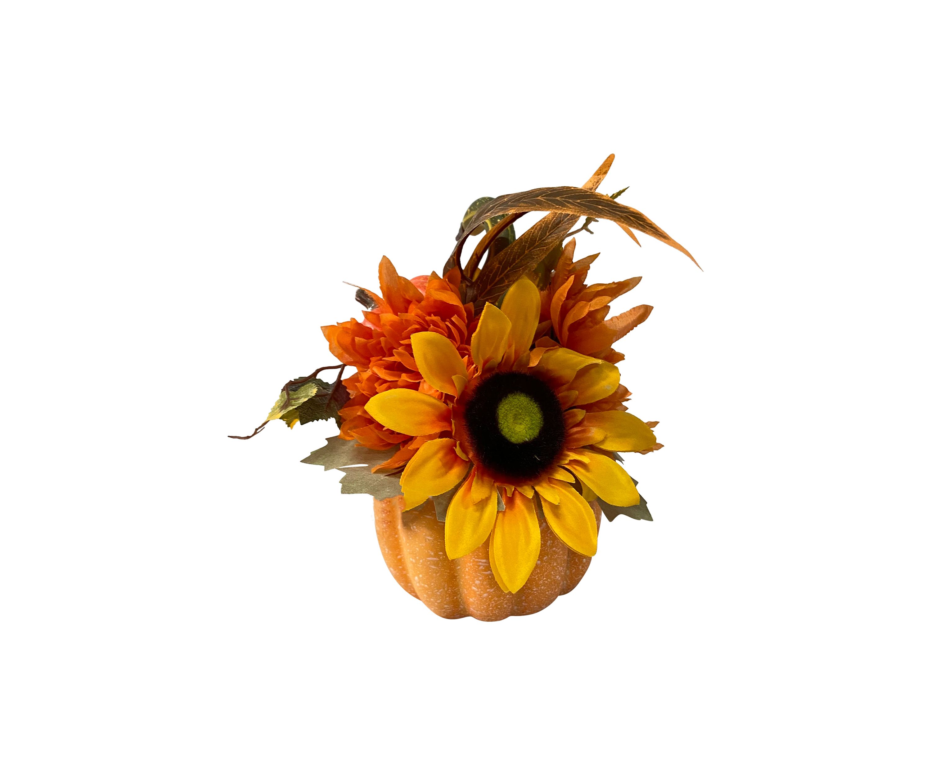 14.75 inch Yellow Sunflower and Mum Filled Pumpkin Thanksgiving Decor