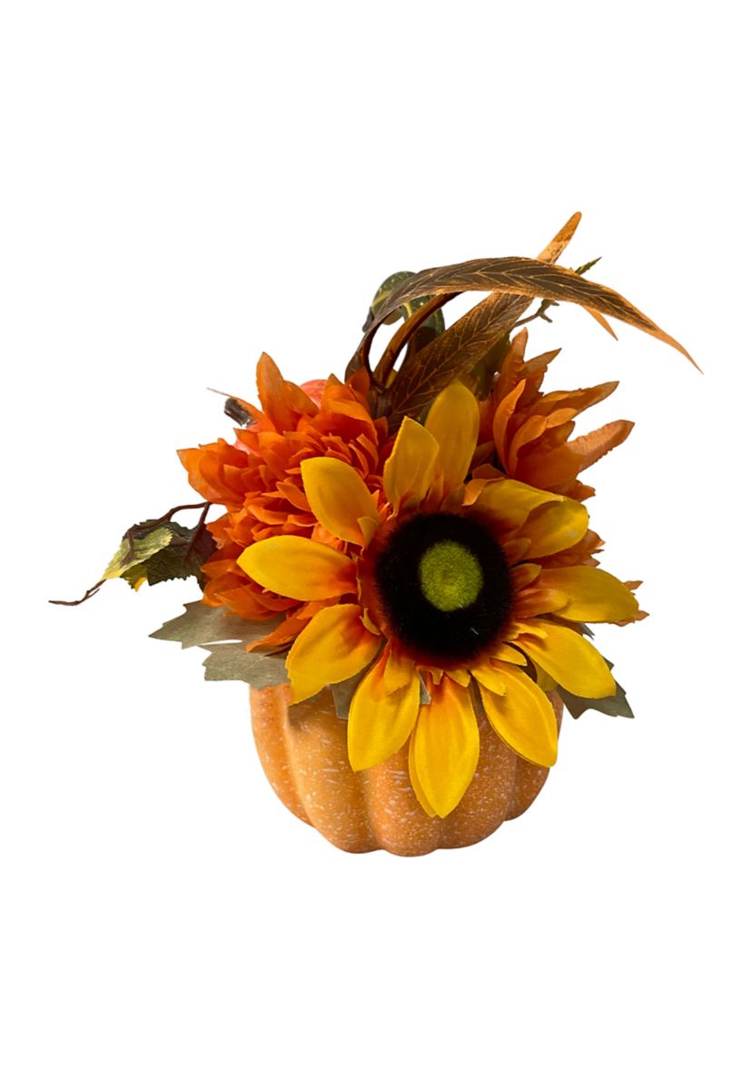 14.75 inch Yellow Sunflower and Mum Filled Pumpkin Thanksgiving Decor