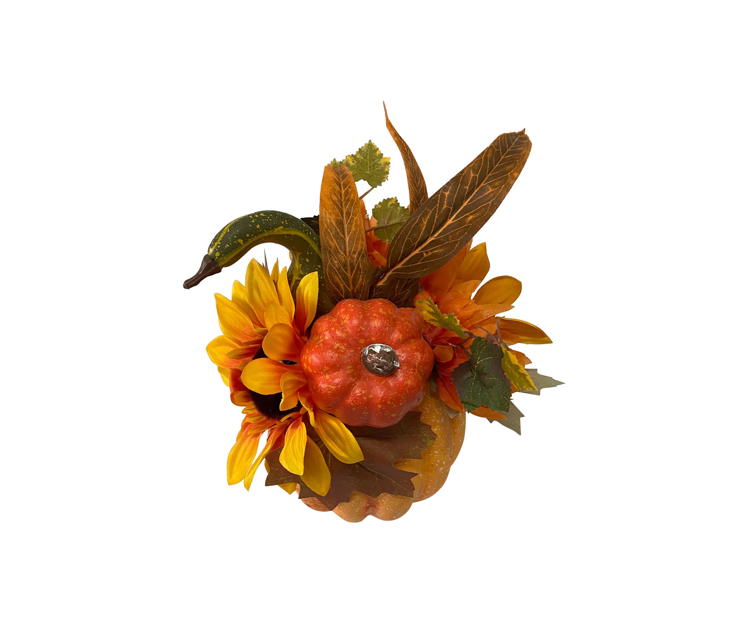 14.75 inch Yellow Sunflower and Mum Filled Pumpkin Thanksgiving Decor