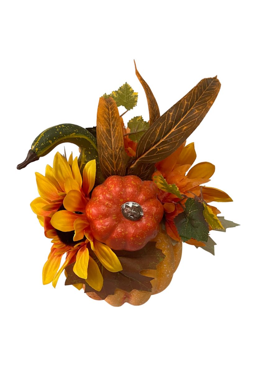 14.75 inch Yellow Sunflower and Mum Filled Pumpkin Thanksgiving Decor