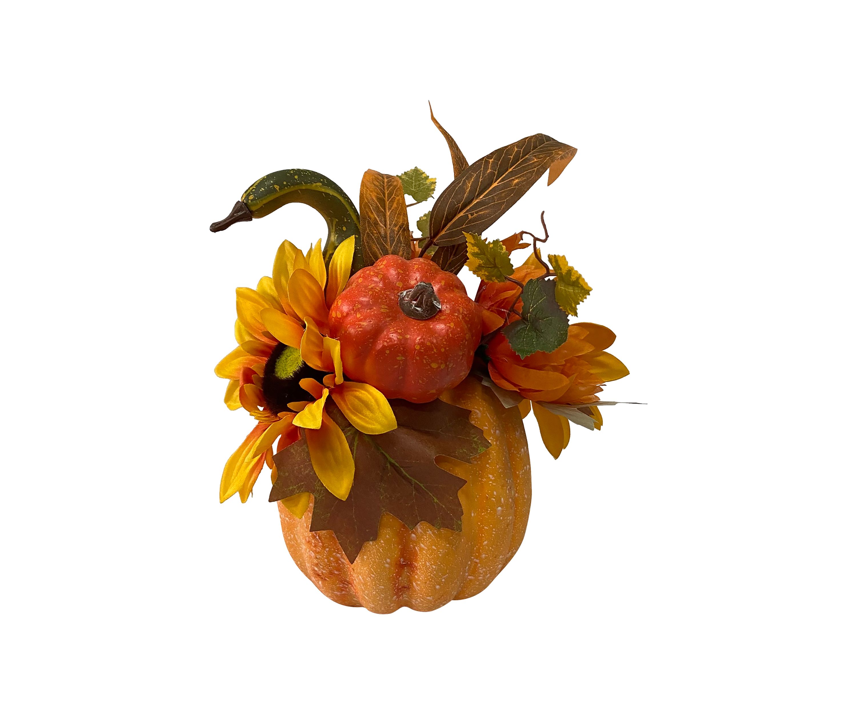 14.75 inch Yellow Sunflower and Mum Filled Pumpkin Thanksgiving Decor
