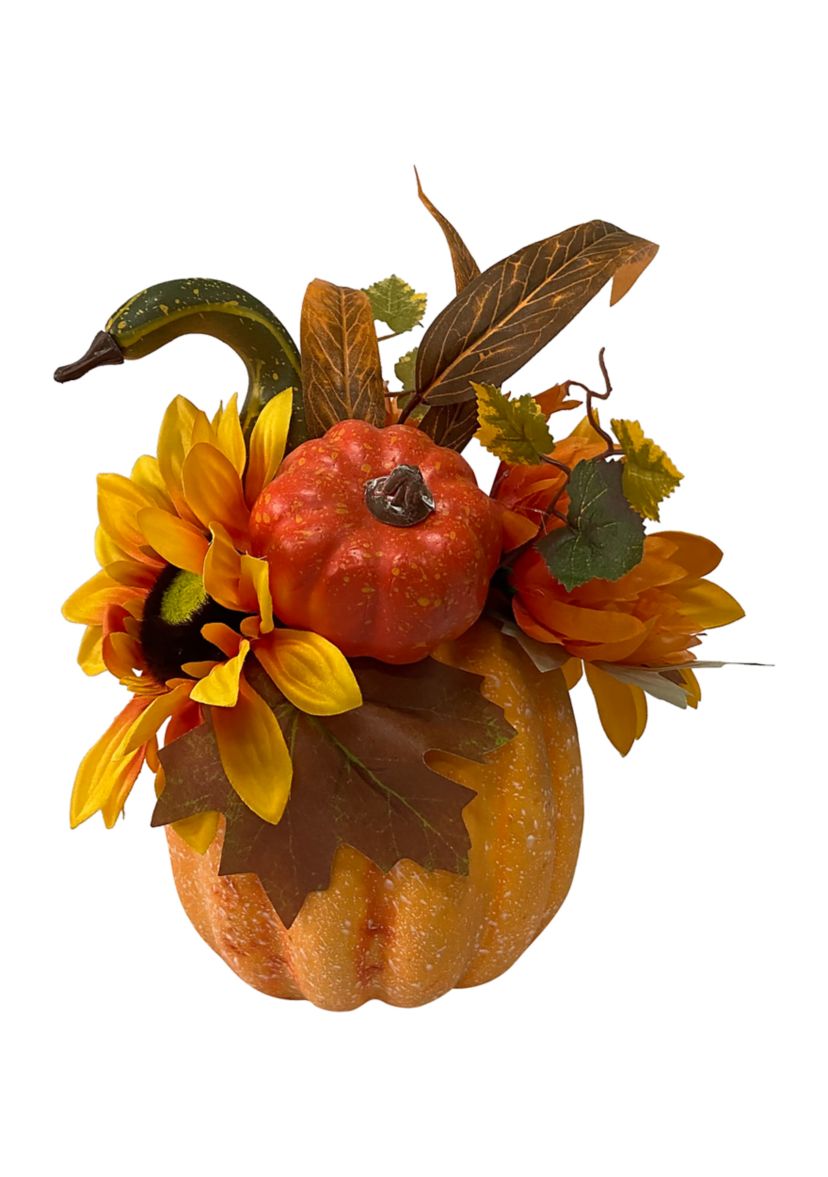 14.75 inch Yellow Sunflower and Mum Filled Pumpkin Thanksgiving Decor