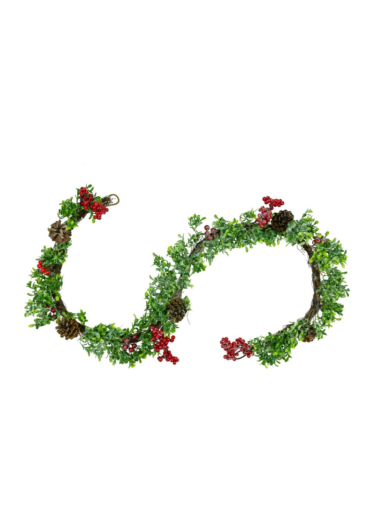 6 Glittered Artificial Boxwood  Pine Cone and Red Berry Christmas Garland- Unlit
