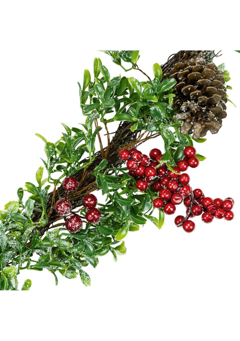 6 Glittered Artificial Boxwood  Pine Cone and Red Berry Christmas Garland- Unlit