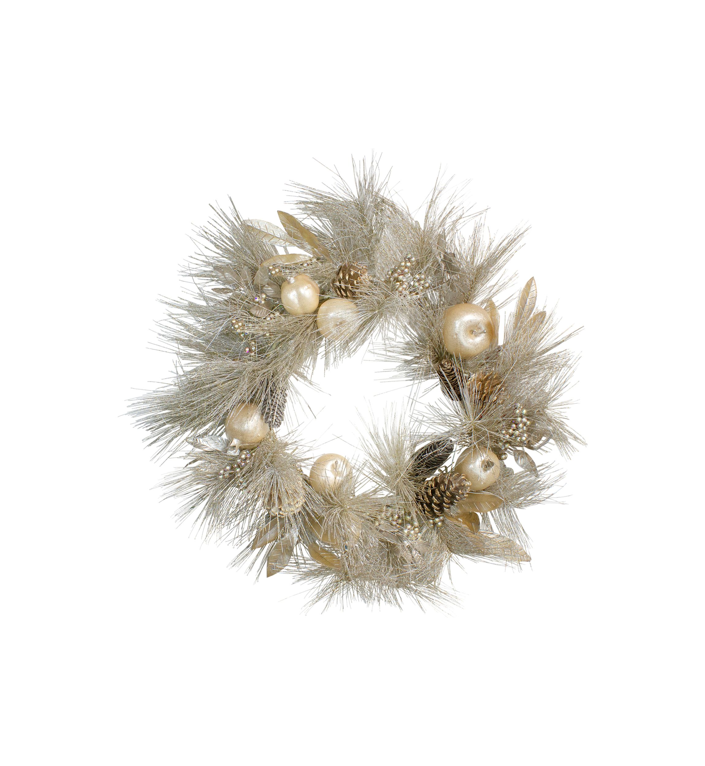 Champagne Gold Pomegranate and Apple Pine Needle Christmas Wreath - 24-Inch  Unlit