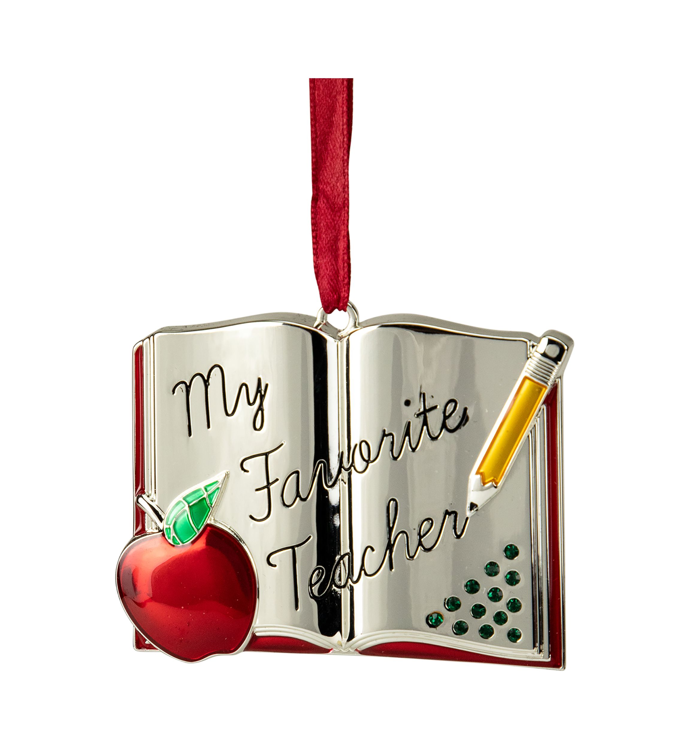 3.25Inch Red and Silver-Plated Teacher Christmas Ornament with European Crystals