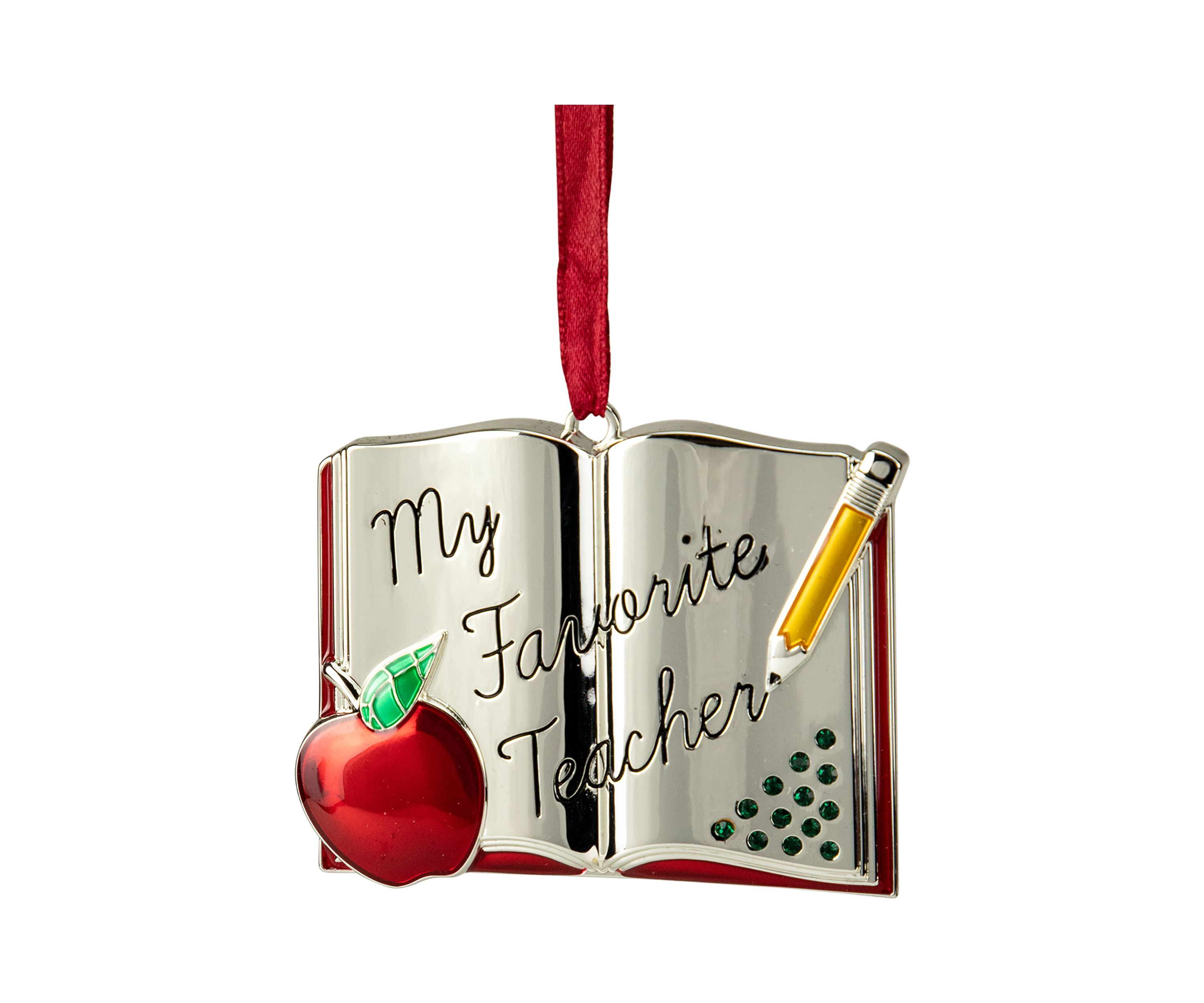 3.25Inch Red and Silver-Plated Teacher Christmas Ornament with European Crystals