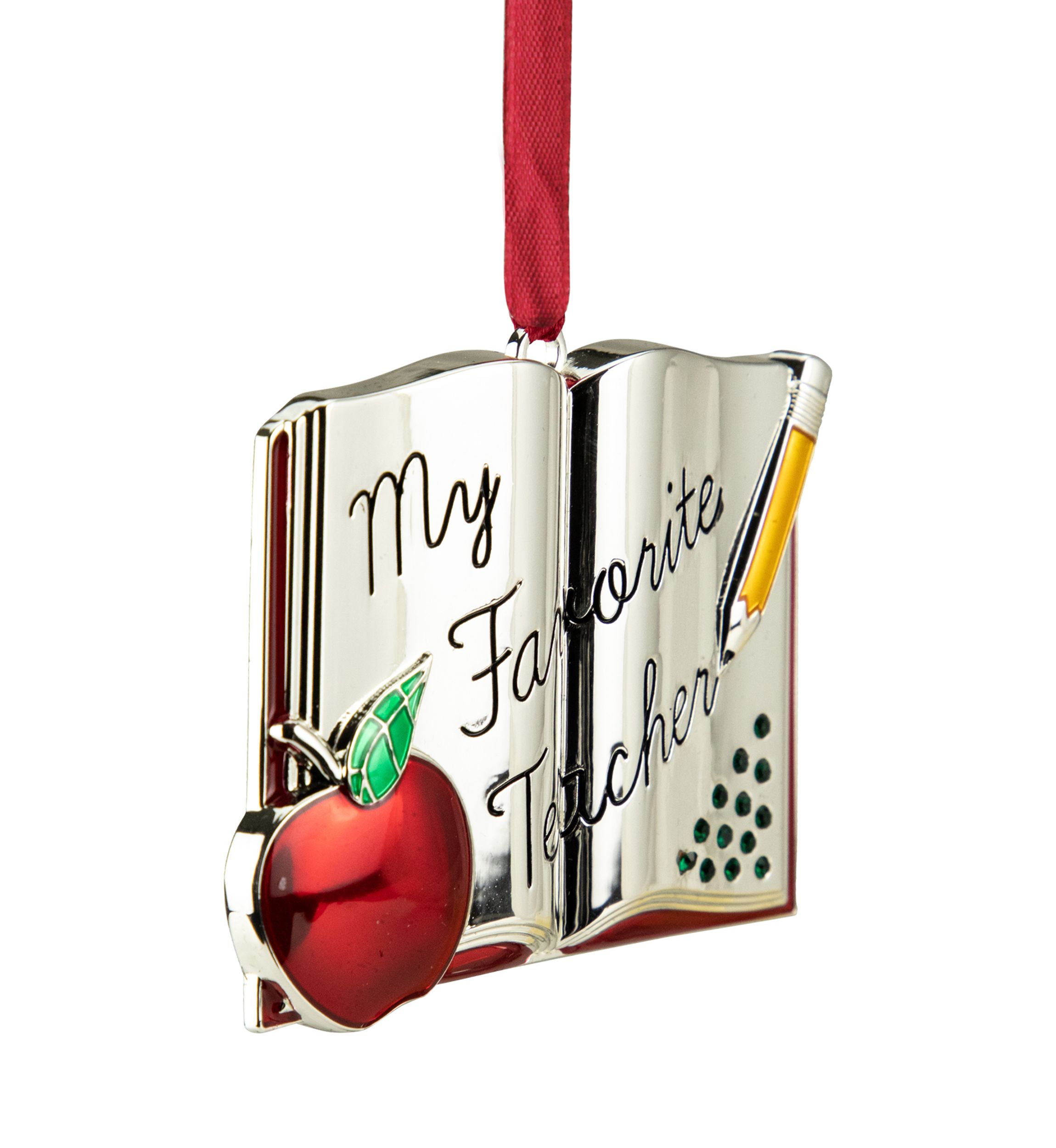 3.25Inch Red and Silver-Plated Teacher Christmas Ornament with European Crystals